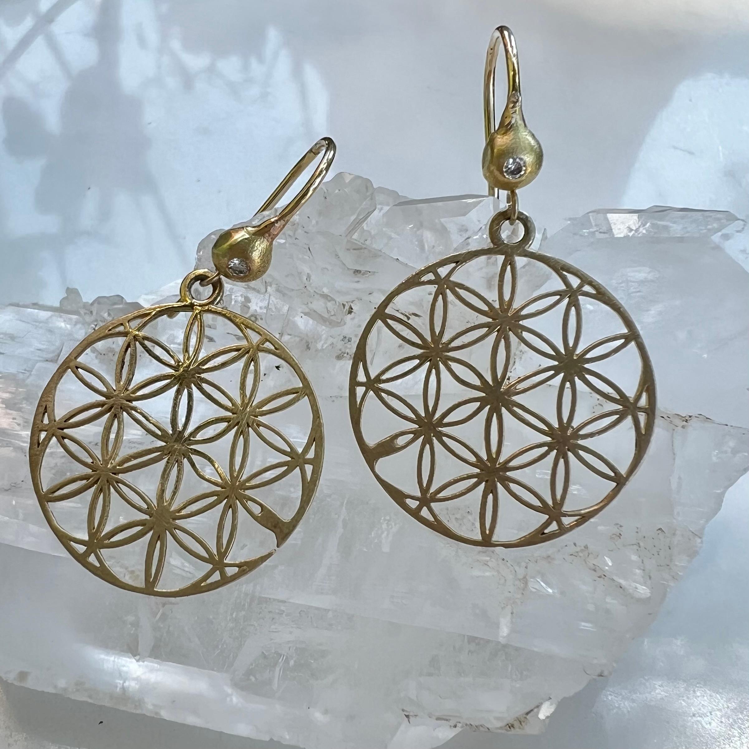 Women's or Men's 14 Karat Gold 'Flower of Life' Discs with Diamond Tops Drop Earrings For Sale
