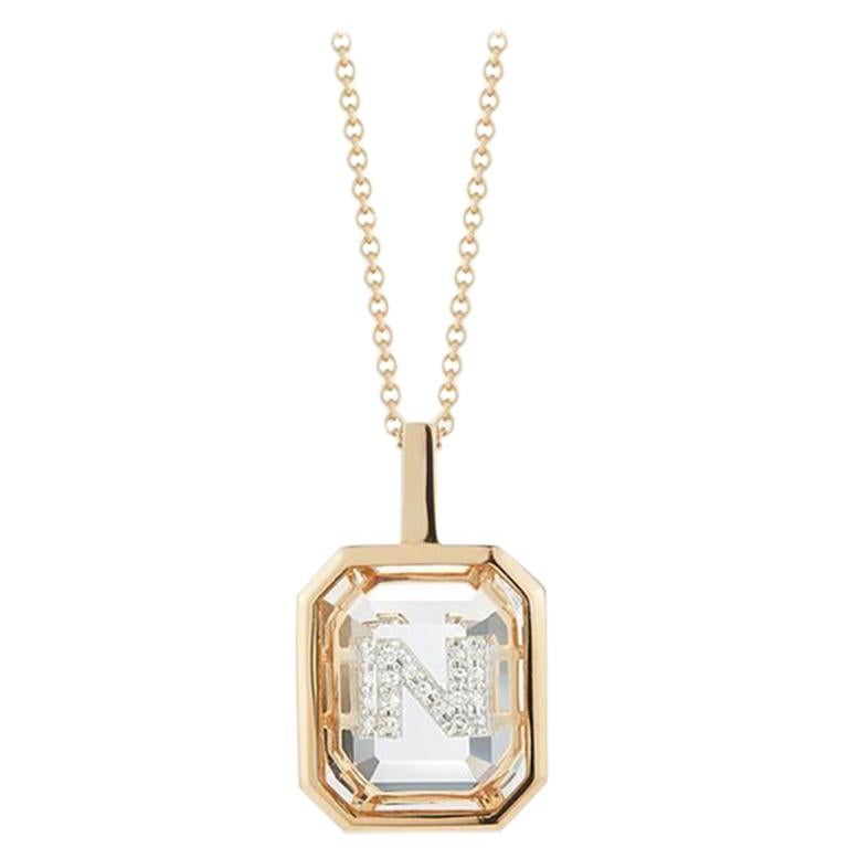 14 Karat Gold Frame Crystal Quartz Secret Diamond Initial Necklace For Sale