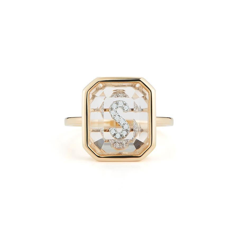 For Sale:  14 Karat Gold Frame Crystal Quartz Secret Diamond Initial Ring 4