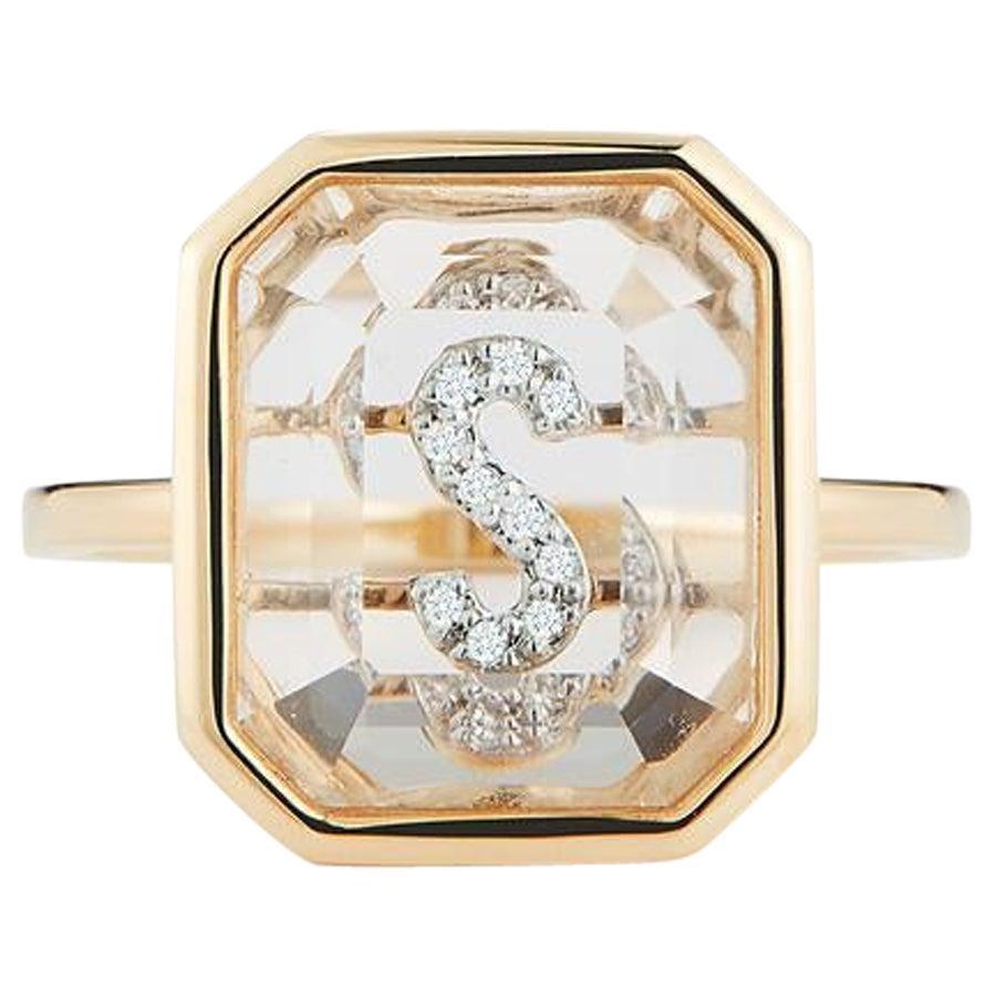 For Sale:  14 Karat Gold Frame Crystal Quartz Secret Diamond Initial Ring