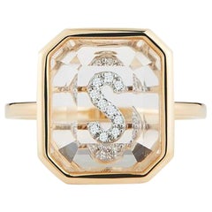 14 Karat Gold Frame Crystal Quartz Secret Diamond Initial Ring