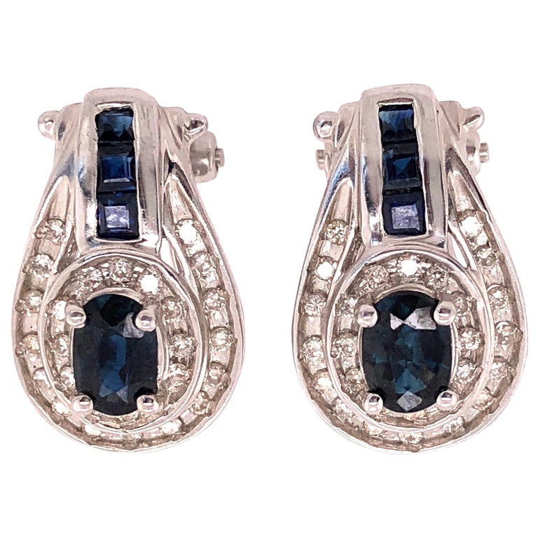 14 Karat Gold French Back Earrings with Diamonds and Blue Sapphires 1.0