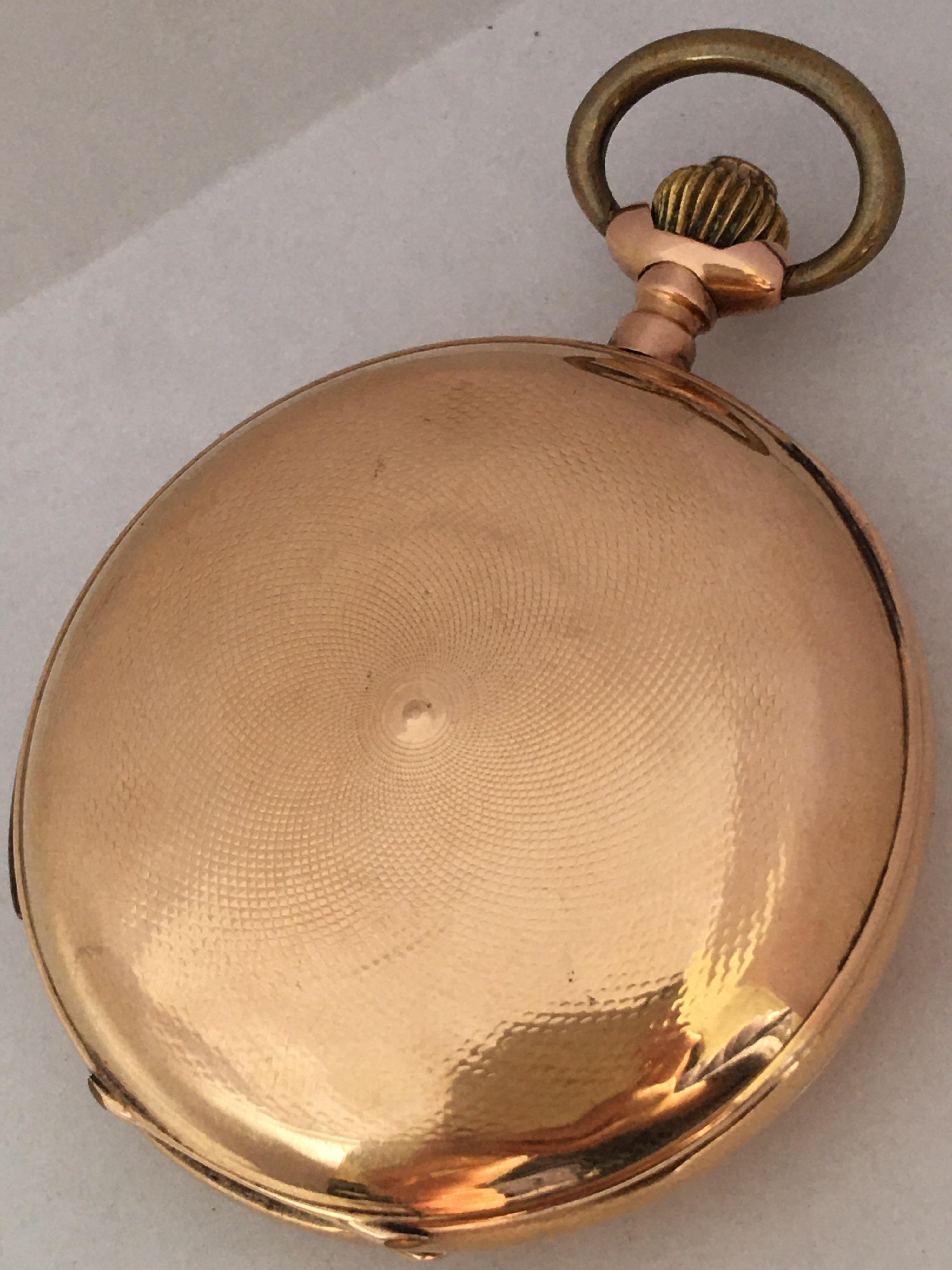 This beautiful antique gold quarter repeating hand winding pocket watch is in good working condition and it is ticking well. Visible signs of ageing and wear with some light dents on the gold watch case(front and back cover) as shown and some