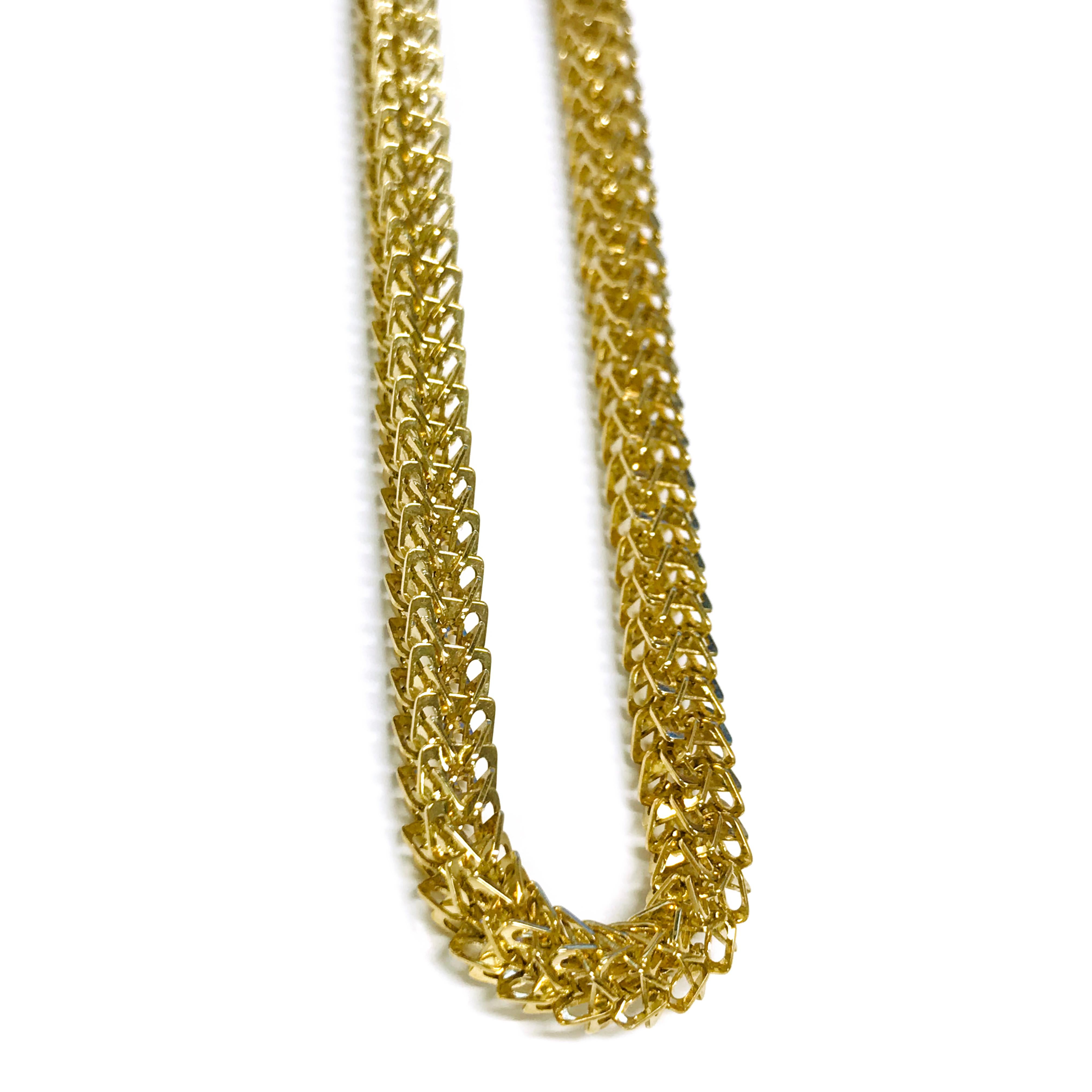 14 Karat Gold Galaxy Link Choker Necklace. The width of the necklace is 4.5mm. Stamped on the clasp is Galaxy. The total gold weight of the necklace is 18.8 grams and the necklace is 16 inches long.