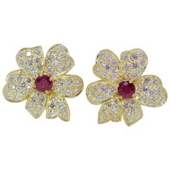 14 Karat Gold GIA Certified Red Ruby and Round Diamond Flower Design Earrings