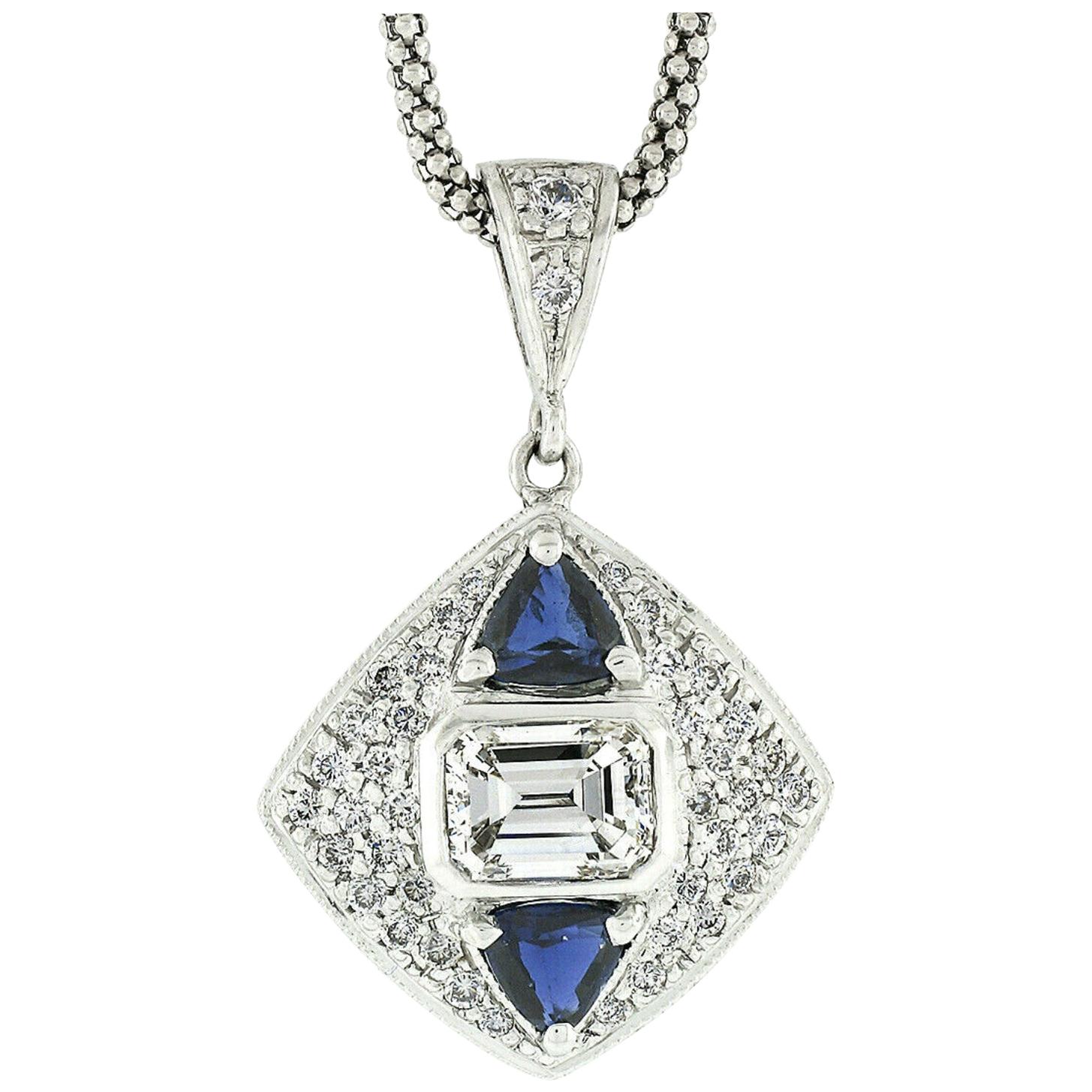 14 Karat Gold GIA Emerald Cut Diamond and Trillion Sapphire Pendant Necklace For Sale