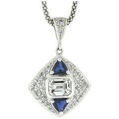 Vintage 14 Karat Gold GIA Emerald Cut Diamond and Trillion Sapphire Pendant Necklace