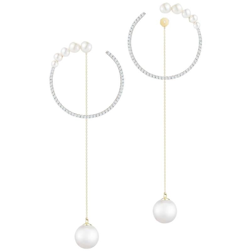 14 Karat Gold Graduated Pearl Hoop with Pearl Drop Earrings For Sale