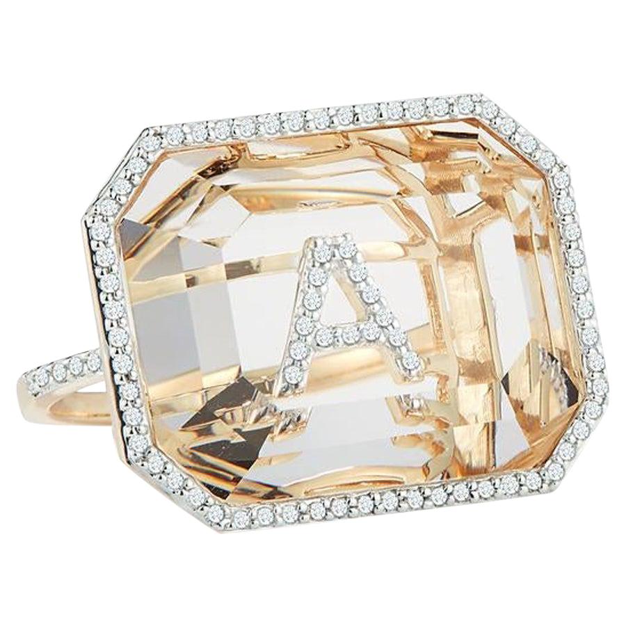 For Sale:  14 Karat Gold Grand Diamond Frame Crystal Quartz Secret Diamond Initial Ring