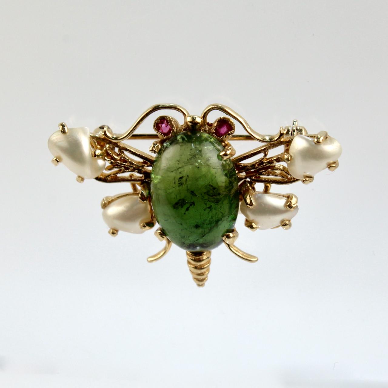 Modern 14 Karat Gold and Green Tourmaline Kinetic Bee Brooch with Pearls and Rubies For Sale