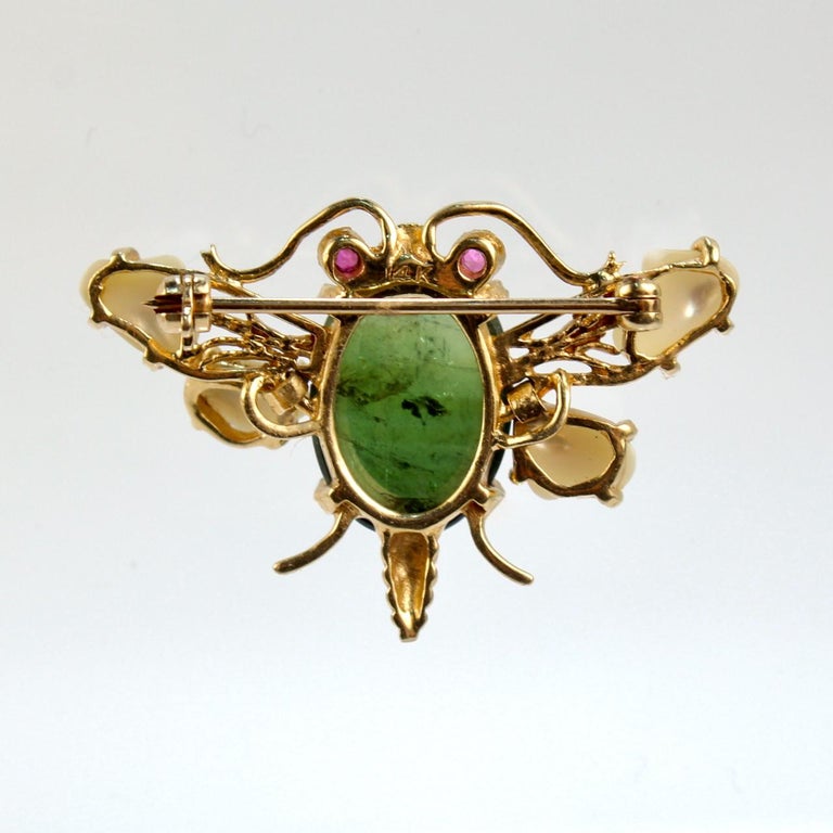 14 Karat Gold and Green Tourmaline Kinetic Bee Brooch with Pearls and ...