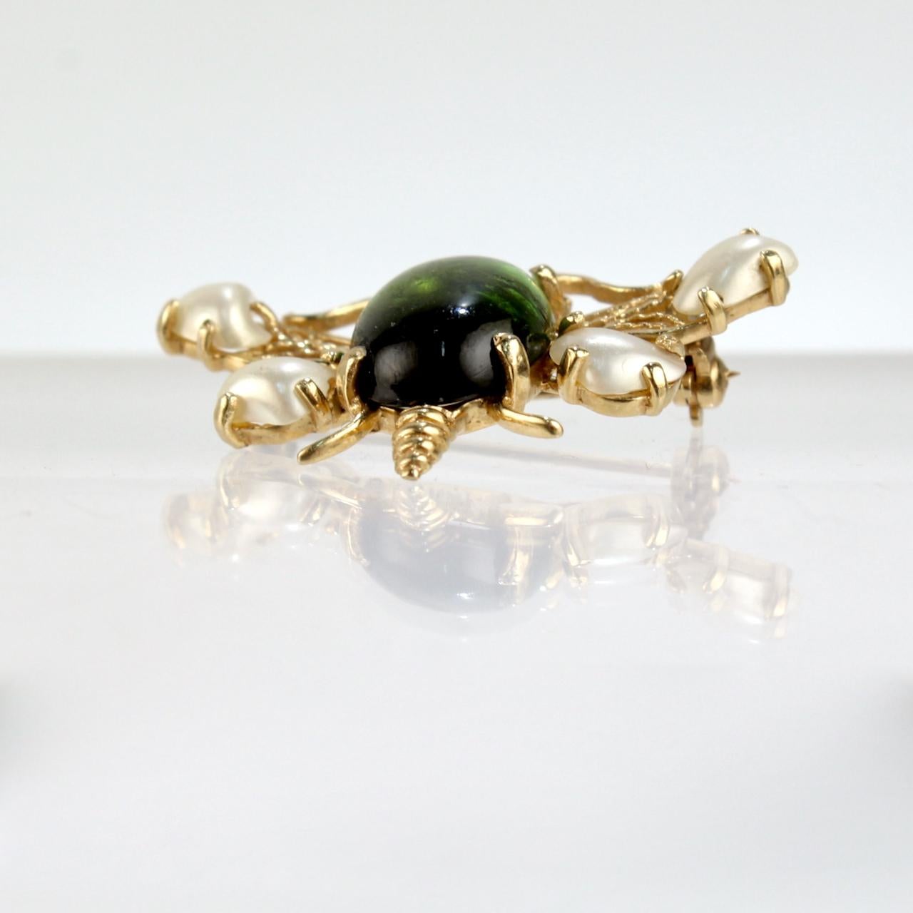 Women's or Men's 14 Karat Gold and Green Tourmaline Kinetic Bee Brooch with Pearls and Rubies For Sale