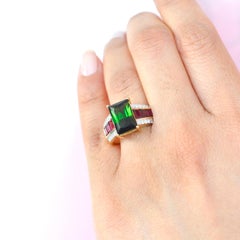 14 Karat Gold Green Tourmaline Rubellite Pink Tourmaline Baguette Diamond Ring