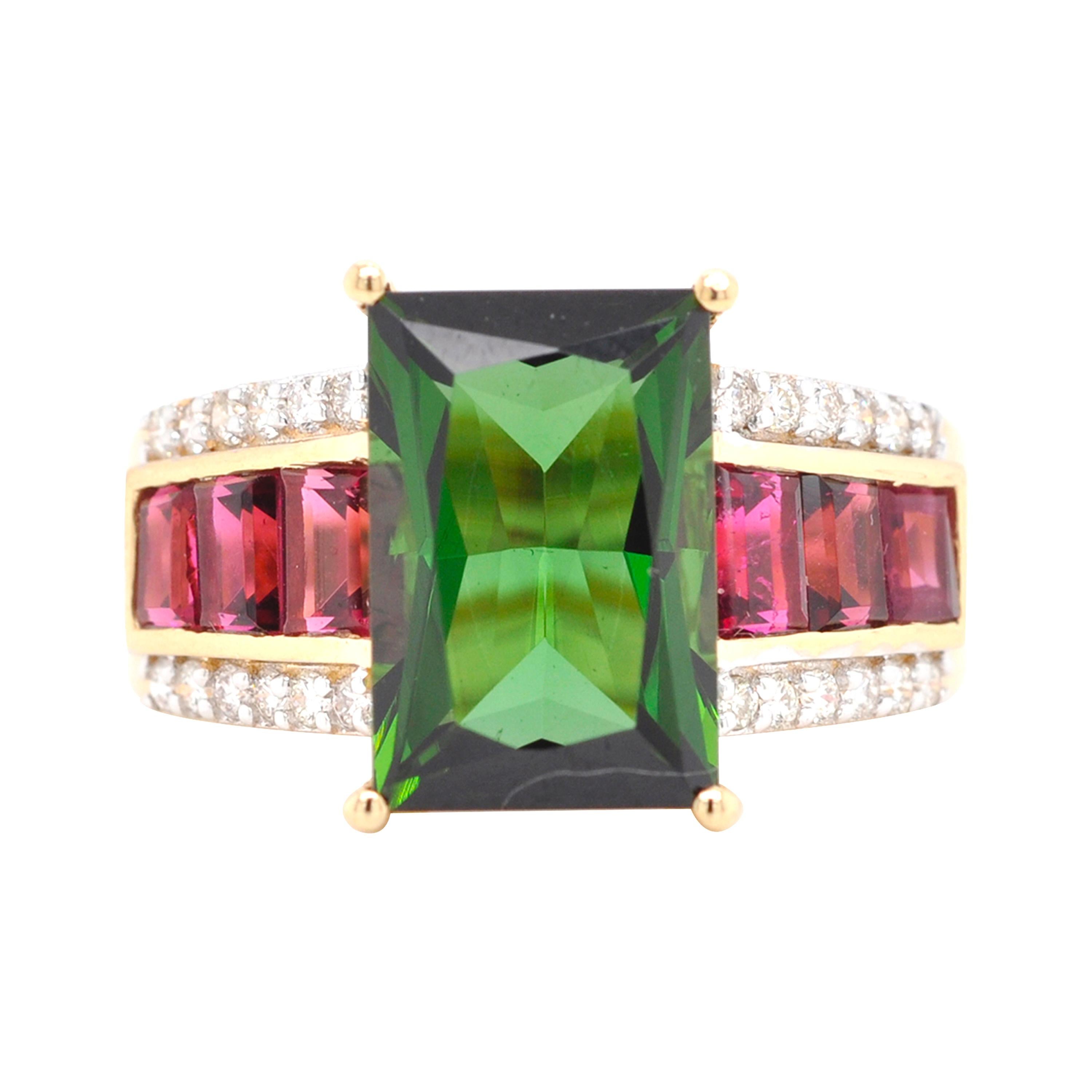 14 Karat Gold Green Tourmaline Rubellite Pink Tourmaline Baguette Diamond Ring