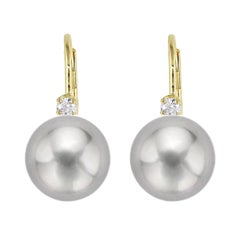 14 Karat Gold Grey Freshwater Pearl Lever Back Cubic Zirconia Accent Earrings