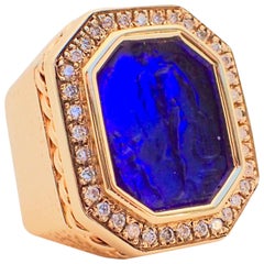 14 Karat Gold Hammered Texture Blue Intaglio Ring with 0.43 Carat of Diamond