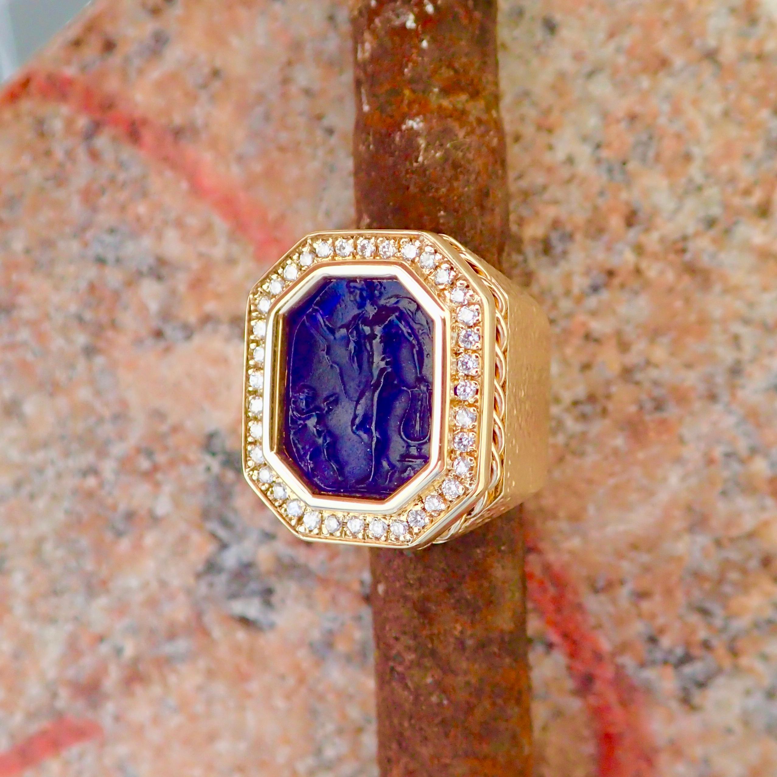 Byzantine 14 Karat Gold Hammered Texture Blue Intaglio Ring with 0.43 Carat of Diamond For Sale
