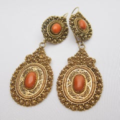 14 Karat Gold Handmade Coral Cabochon Dangle Earrings