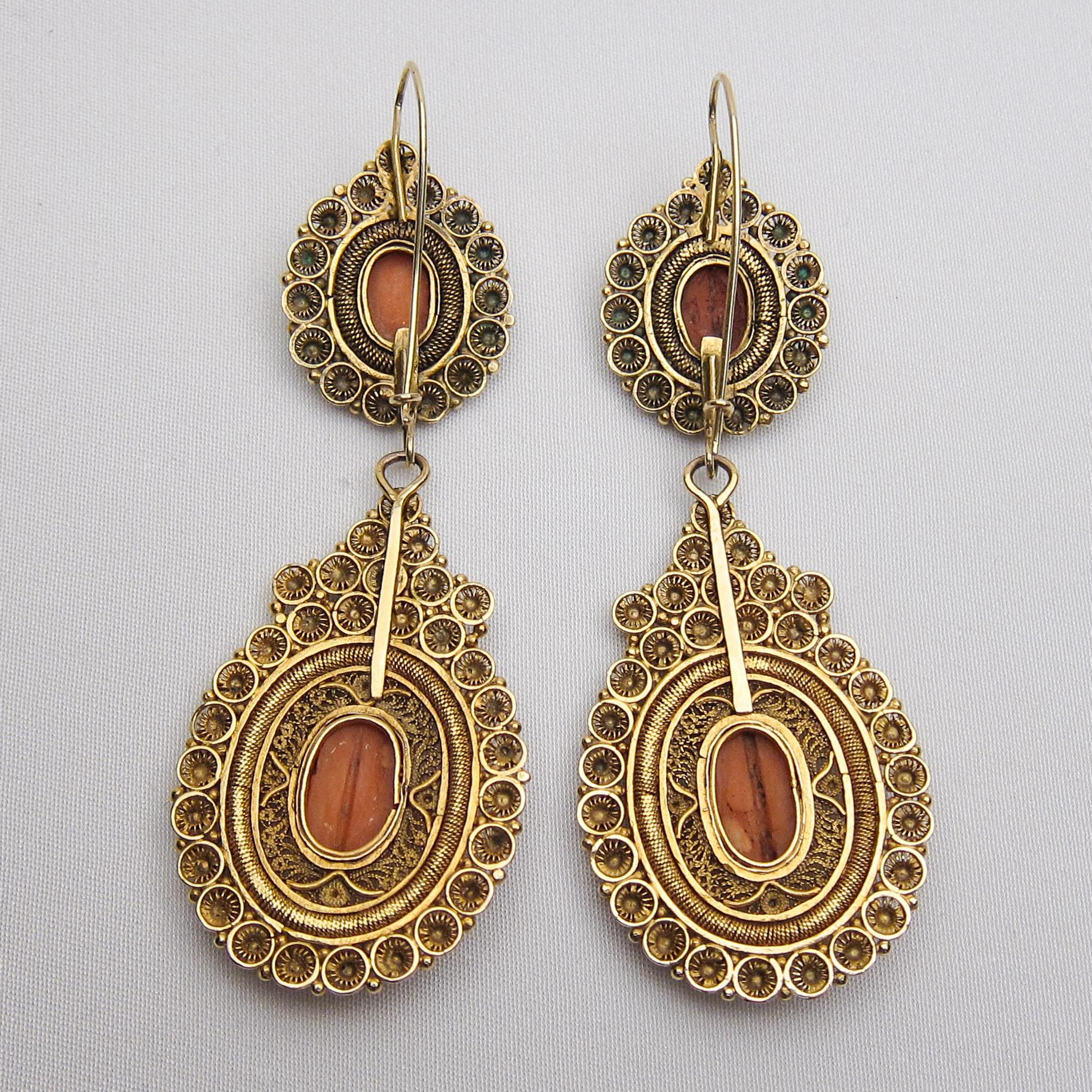 High Victorian  14 Karat Gold Handmade Coral Cabochon Dangle Earrings For Sale