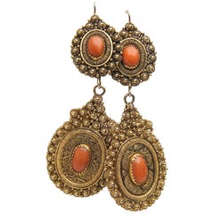  14 Karat Gold Handmade Coral Cabochon Dangle Earrings