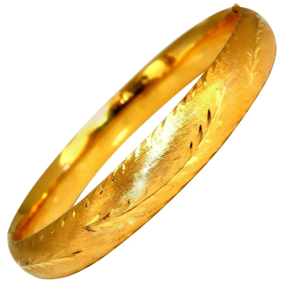 14 Karat Gold Handmade Graver Patina Bangle Bracelet For Sale