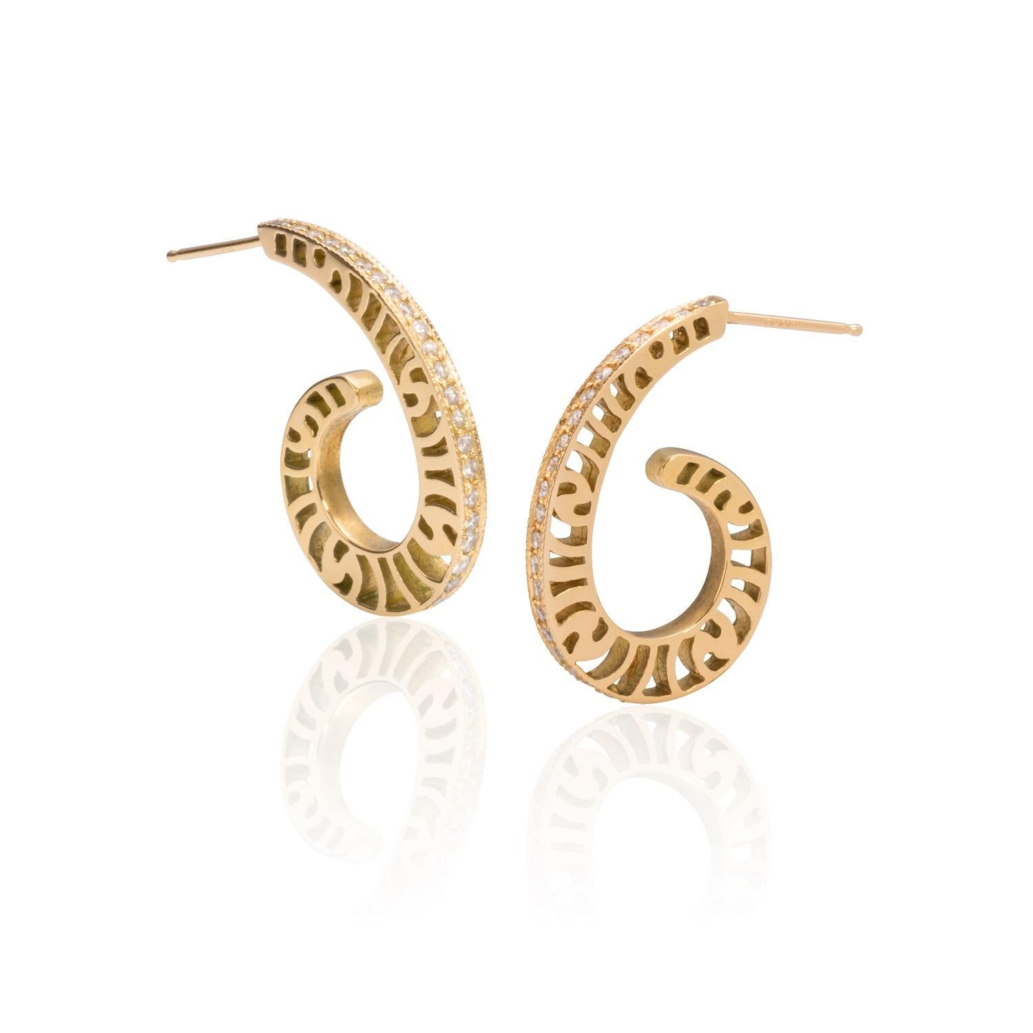 Round Cut 14 Karat Gold Hoop Earrings with Flush-Set Diamonds For Sale