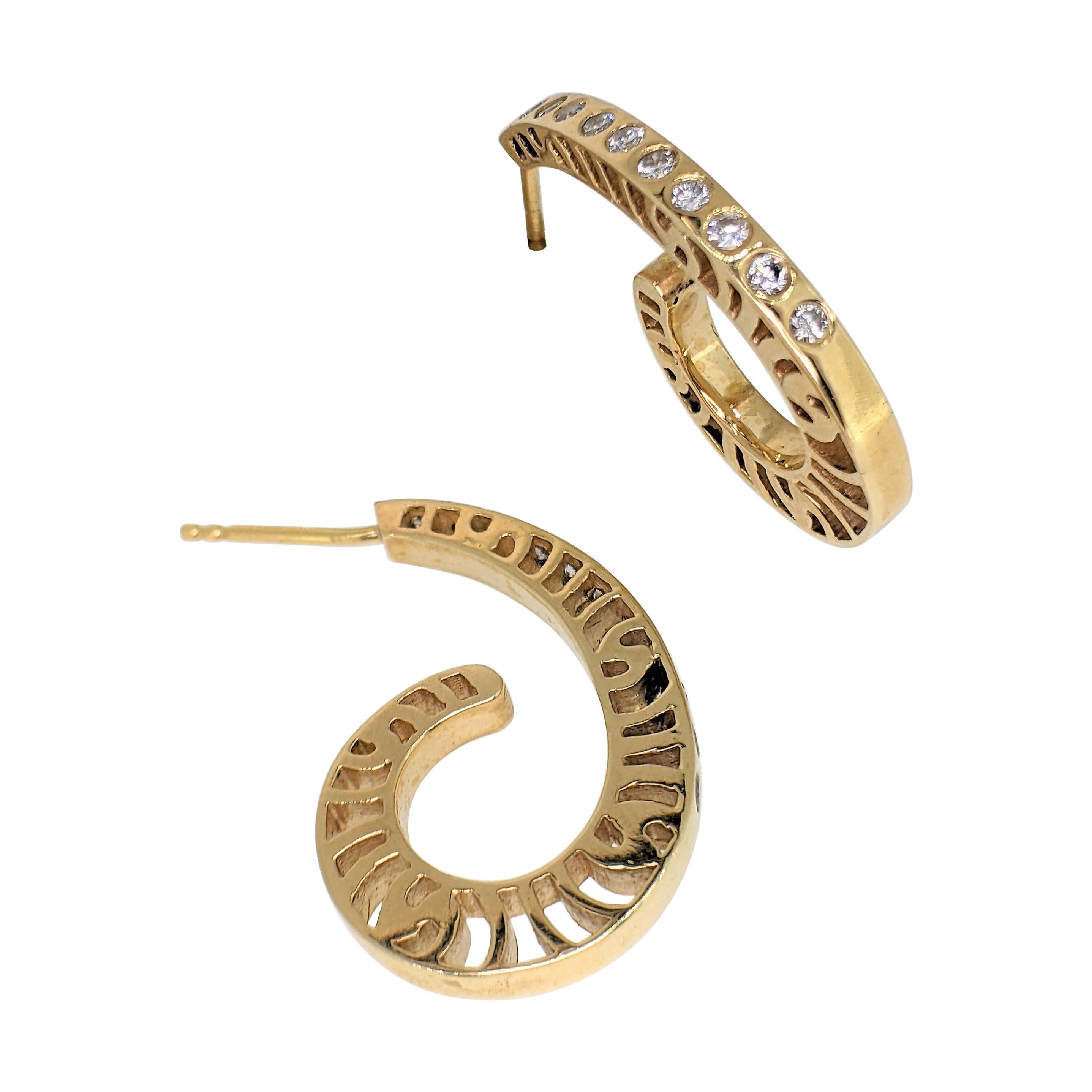 14 Karat Gold Hoop Earrings with Flush-Set Diamonds For Sale