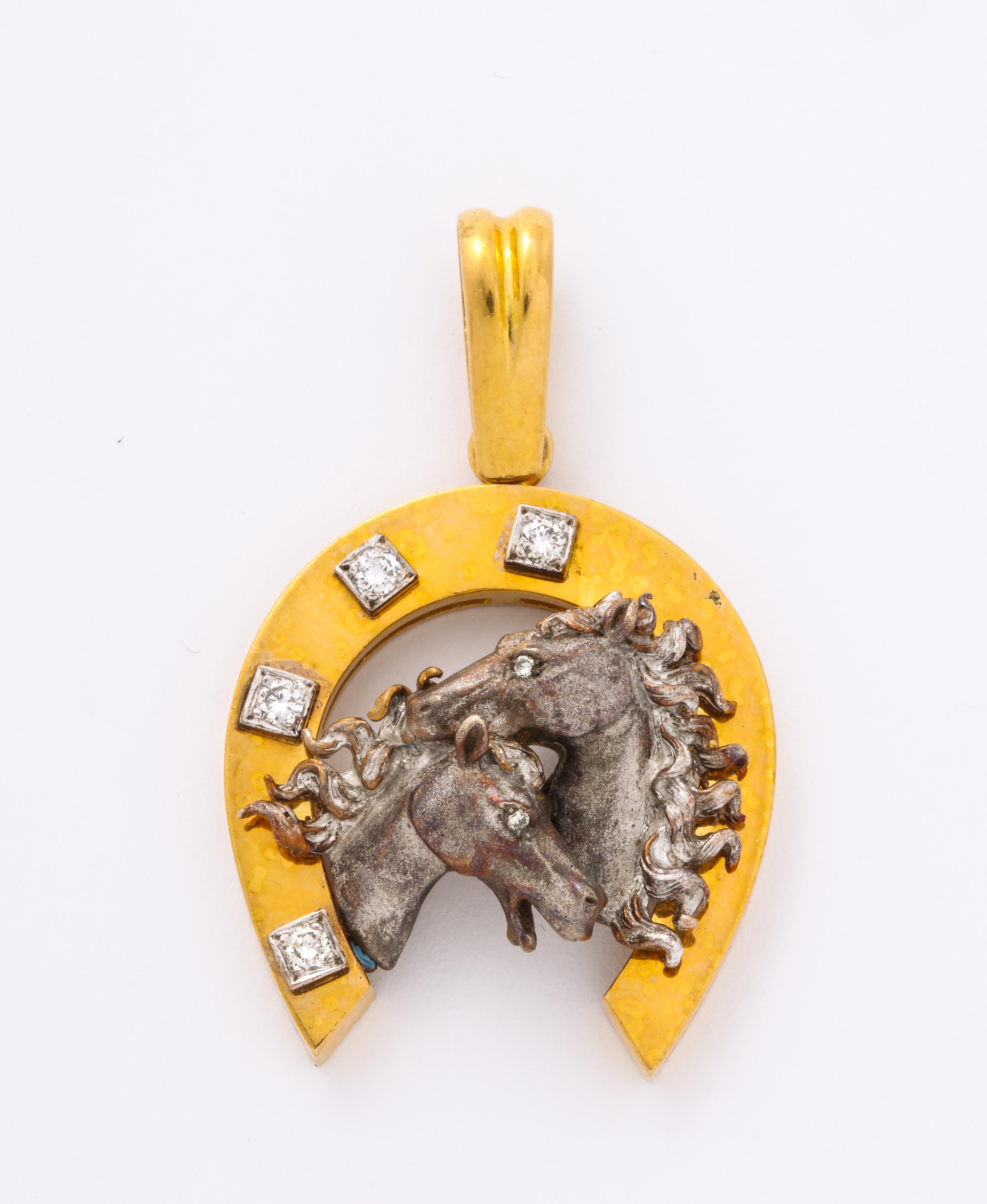 14 Karat Gold Horseshoe Pendant with 14 Karat White Gold Horses and Diamonds For Sale 1