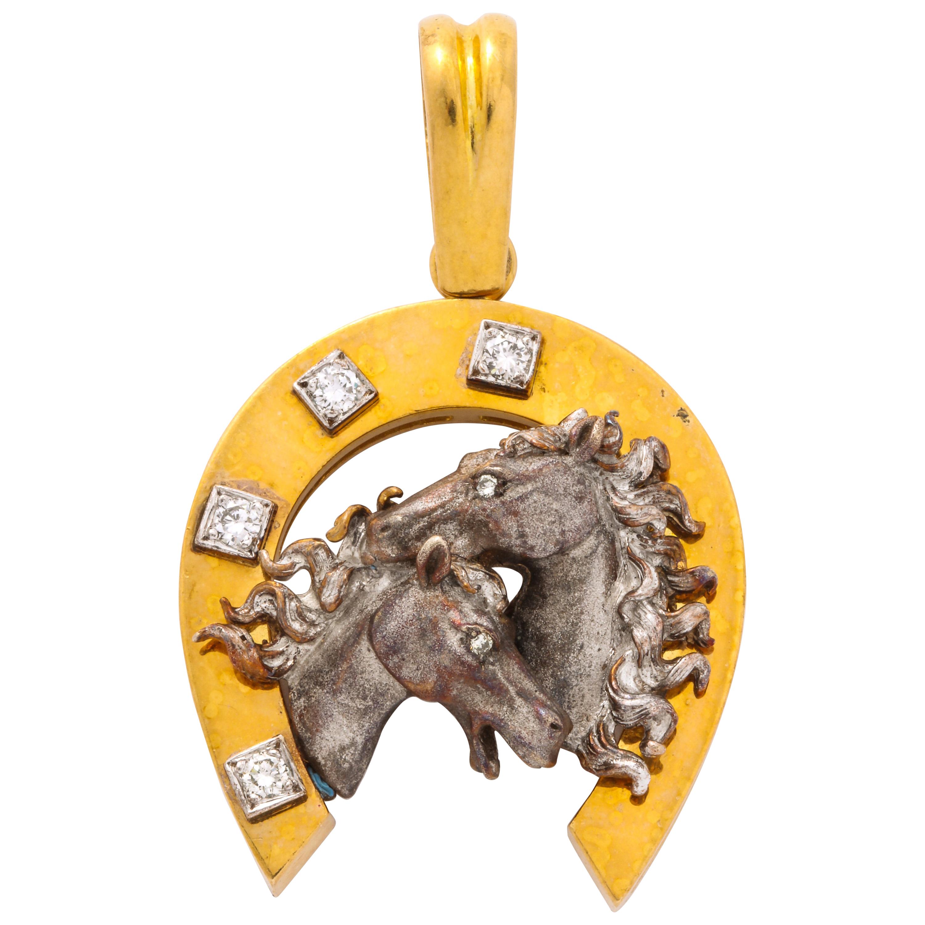 14 Karat Gold Horseshoe Pendant with 14 Karat White Gold Horses and Diamonds For Sale