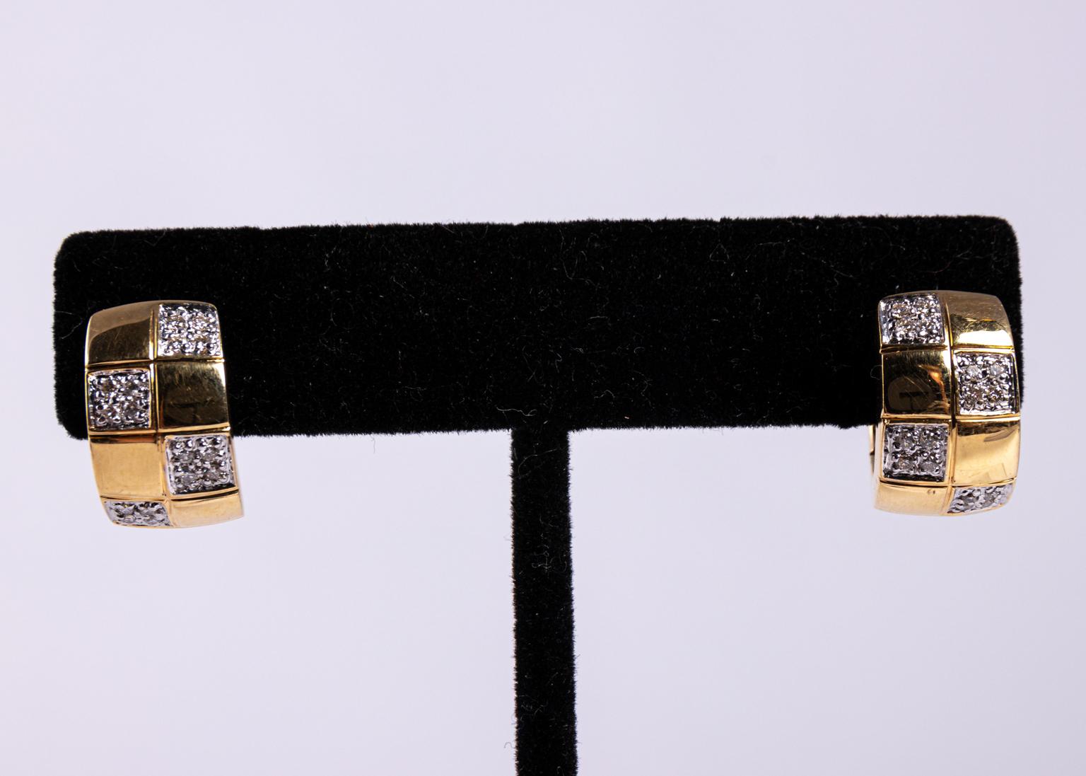 Circa 1980s checkerboard style square 14 karat gold and diamond huggies earrings. These earrings contain 32 diamonds weighing 50 pts in total. The quality includes SI IVS Color H. Please note of wear consistent with age. Jewelry weight 7.2 Grams. 