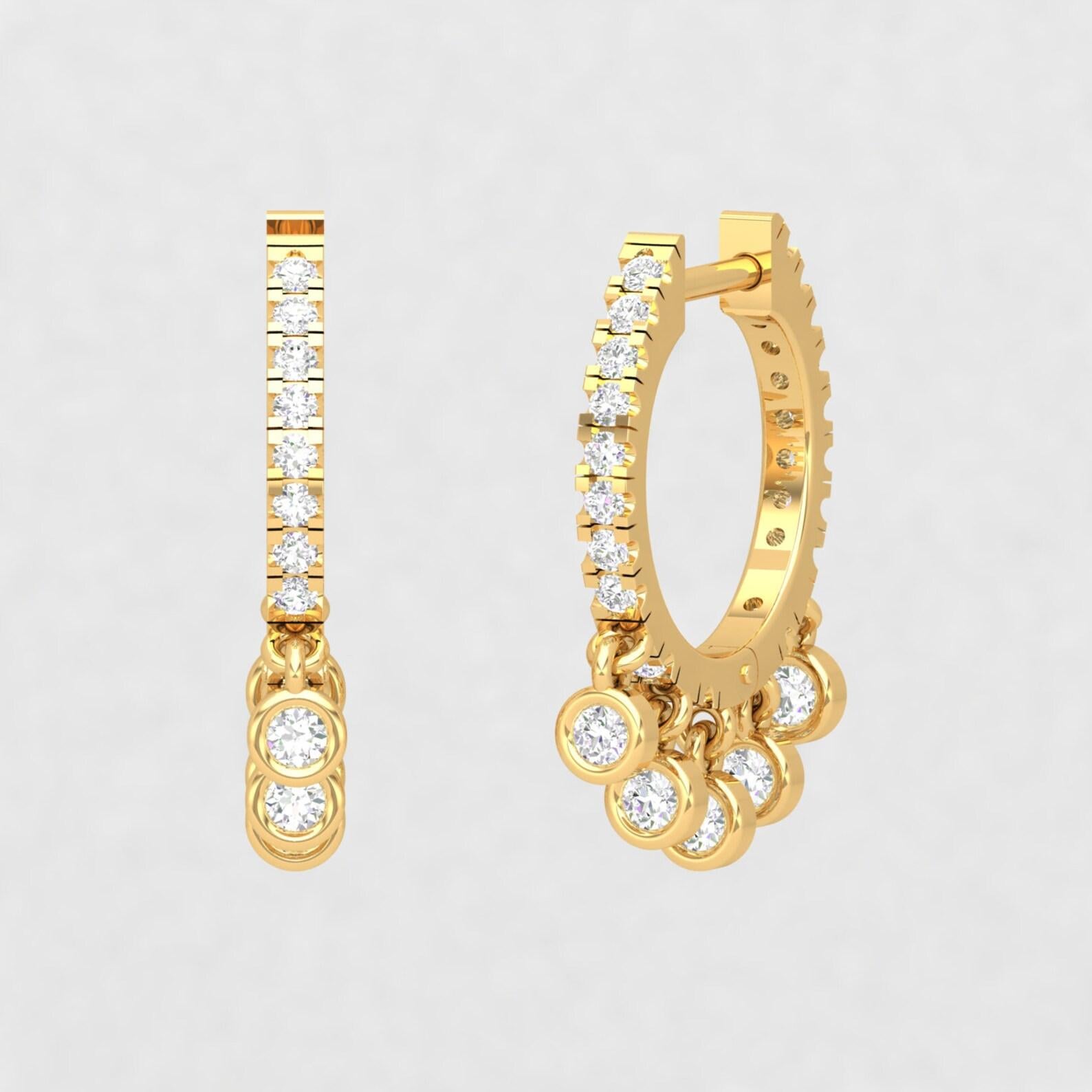 Mixed Cut 14 Karat Gold Huggie Hoop Shaker Diamond Earrings For Sale