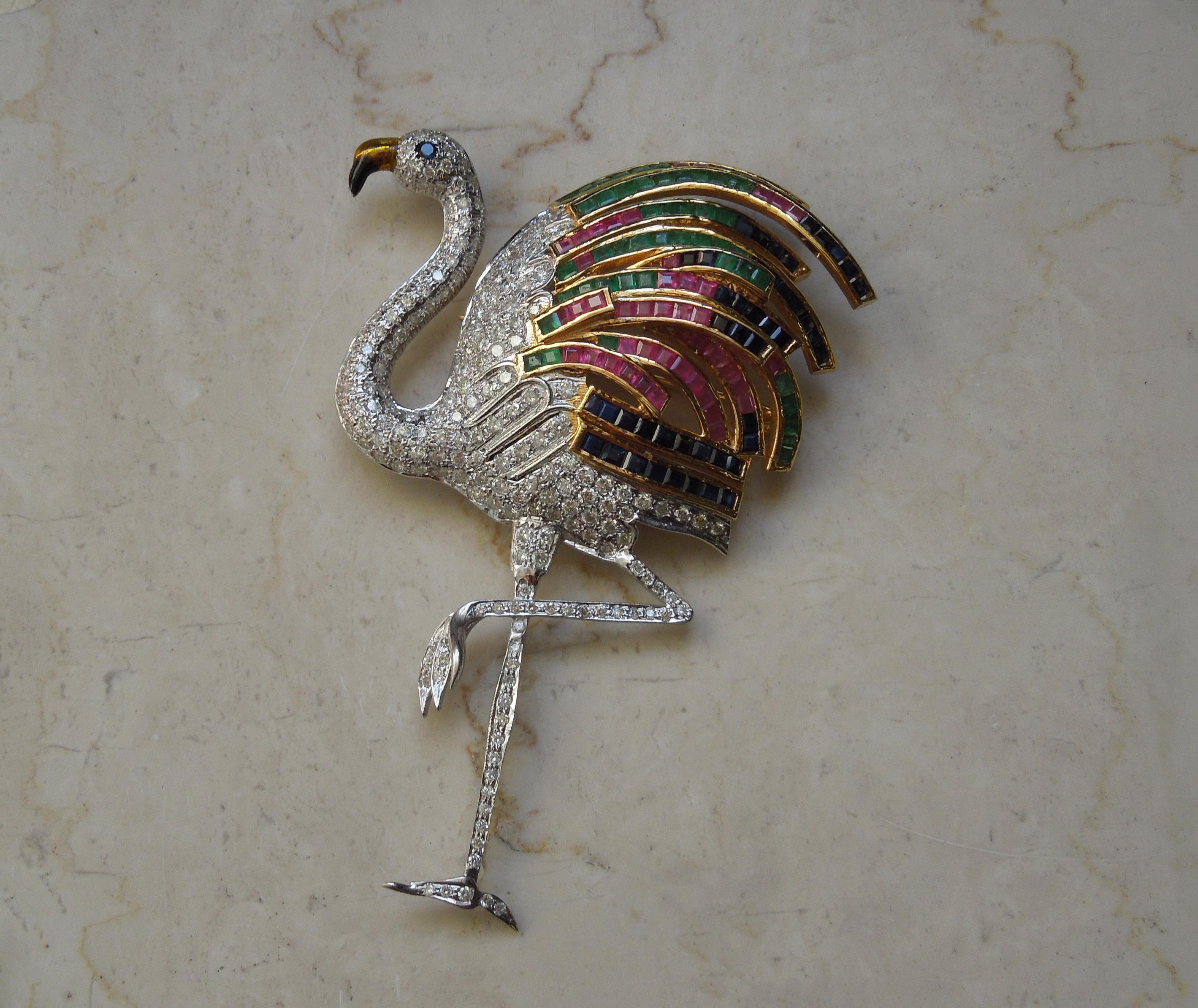 Square Cut 14 Karat Gold Jeweled Flamingo Brooch For Sale