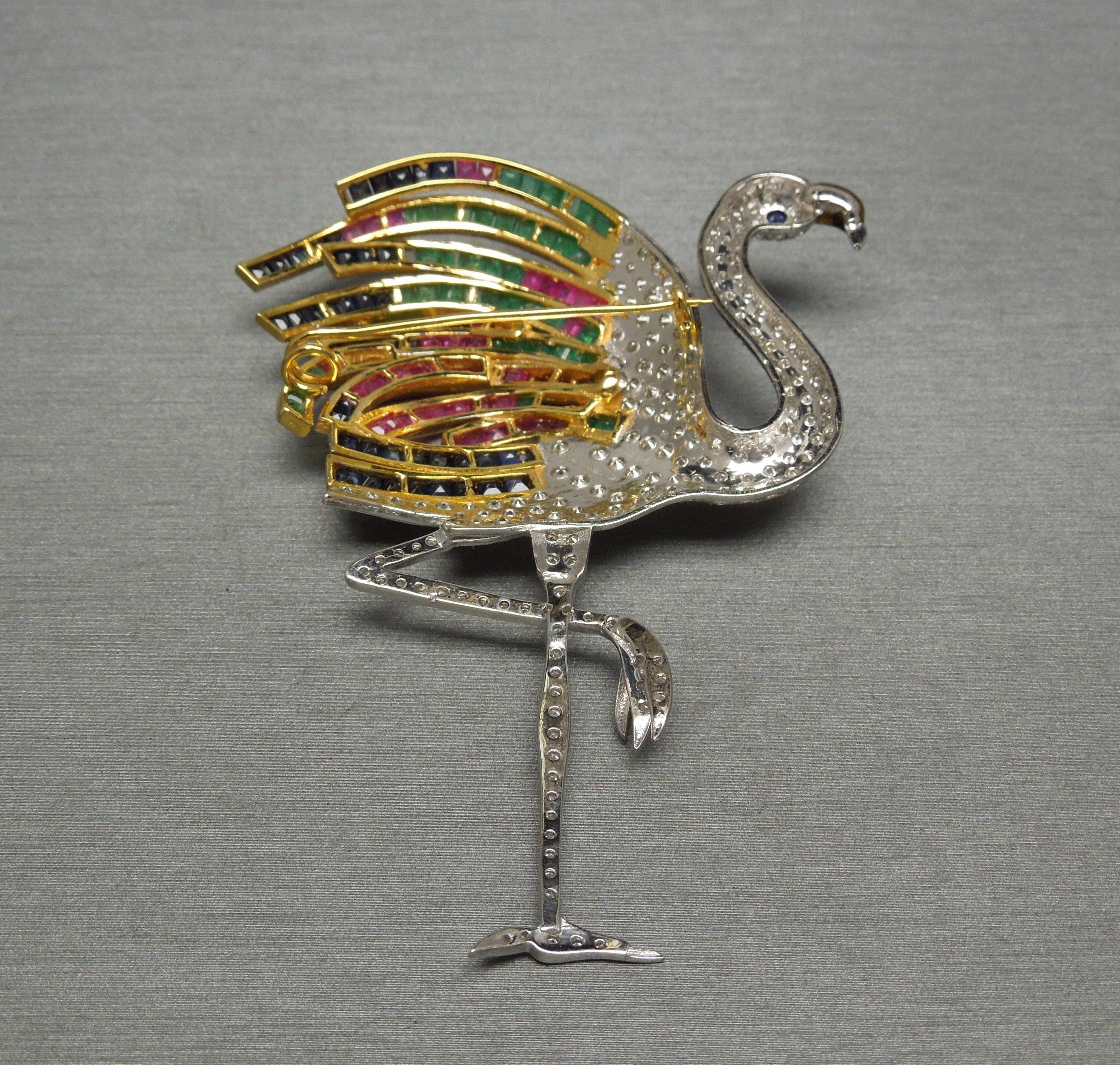 14 Karat Gold Jeweled Flamingo Brooch In Excellent Condition For Sale In METAIRIE, LA