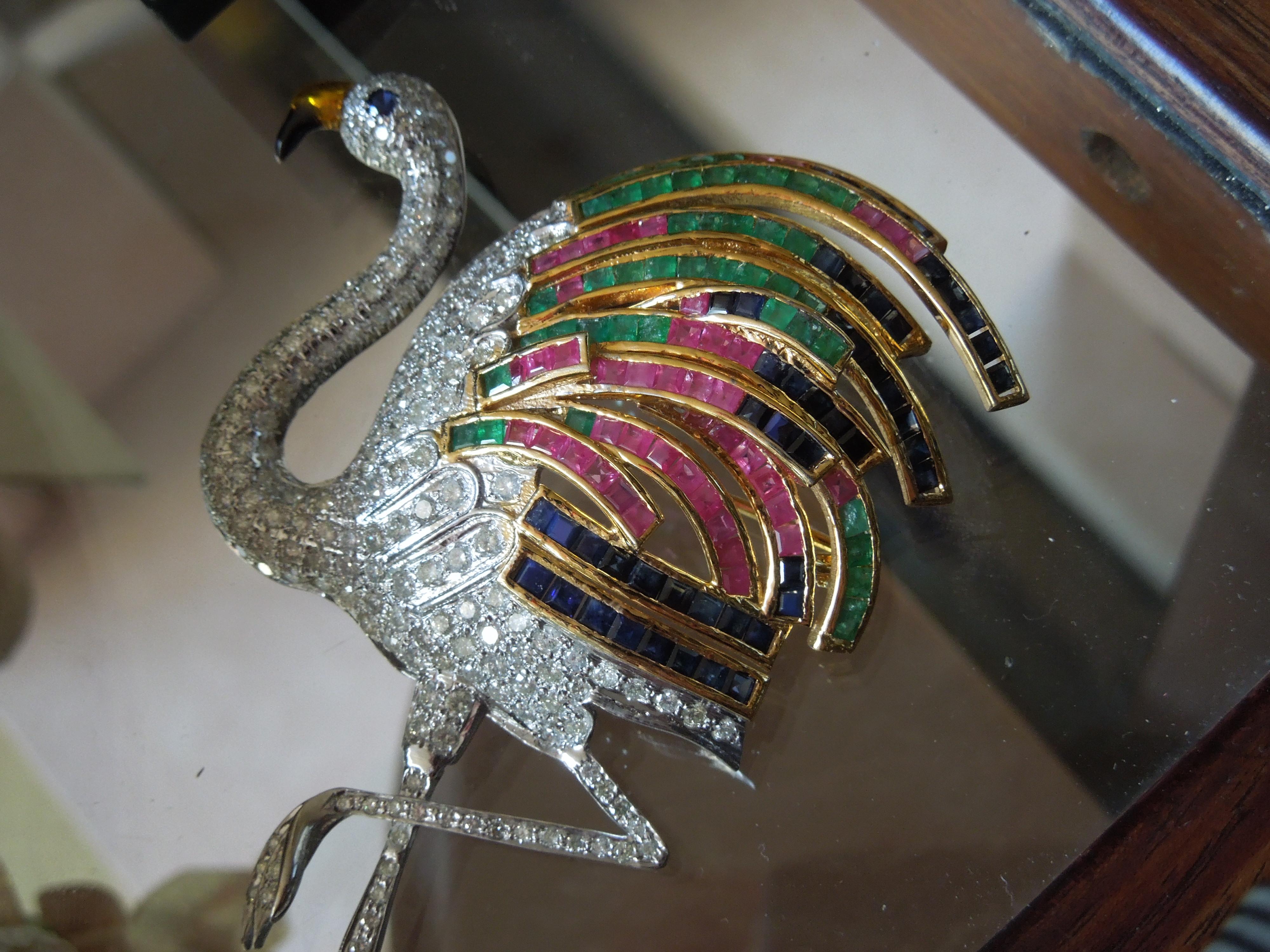 Women's 14 Karat Gold Jeweled Flamingo Brooch For Sale
