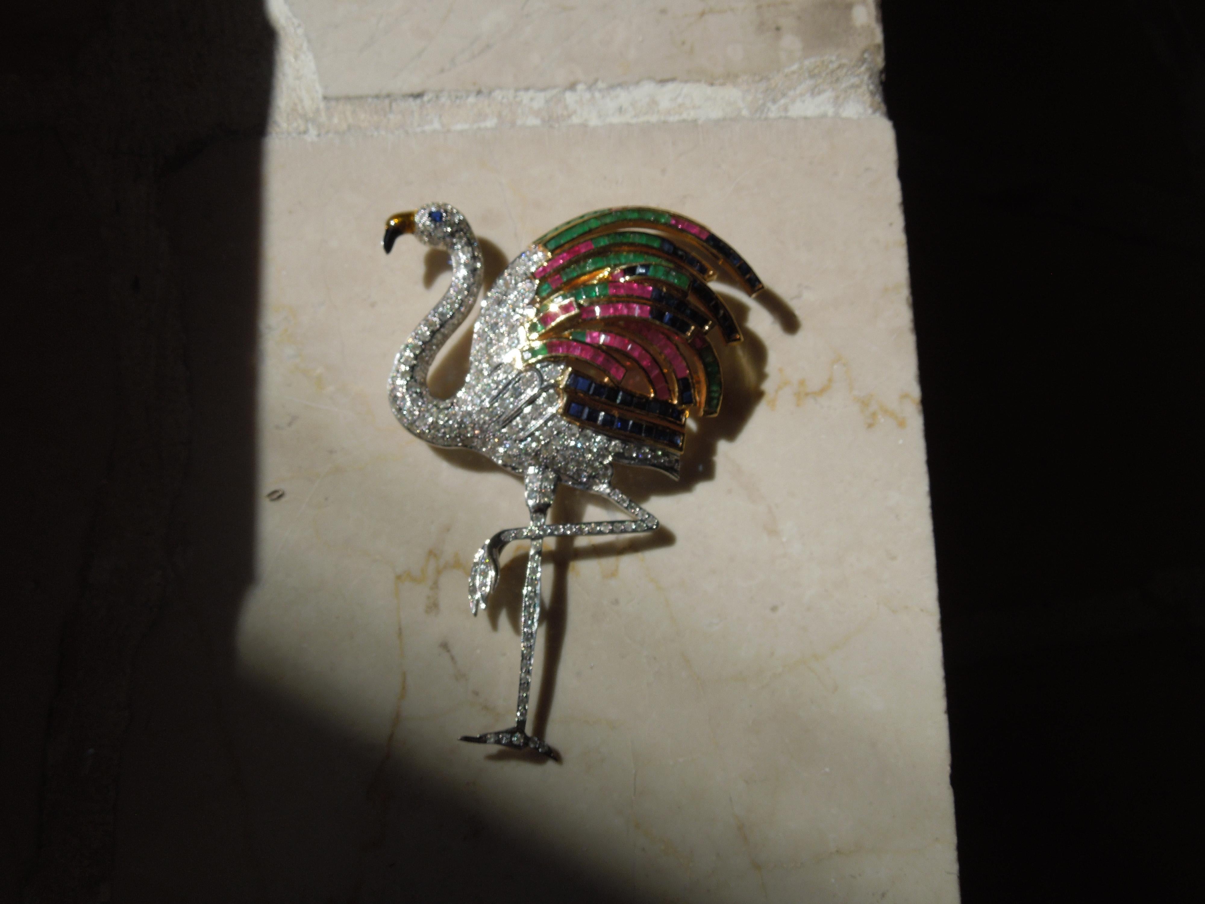 14 Karat Gold Jeweled Flamingo Brooch For Sale 3
