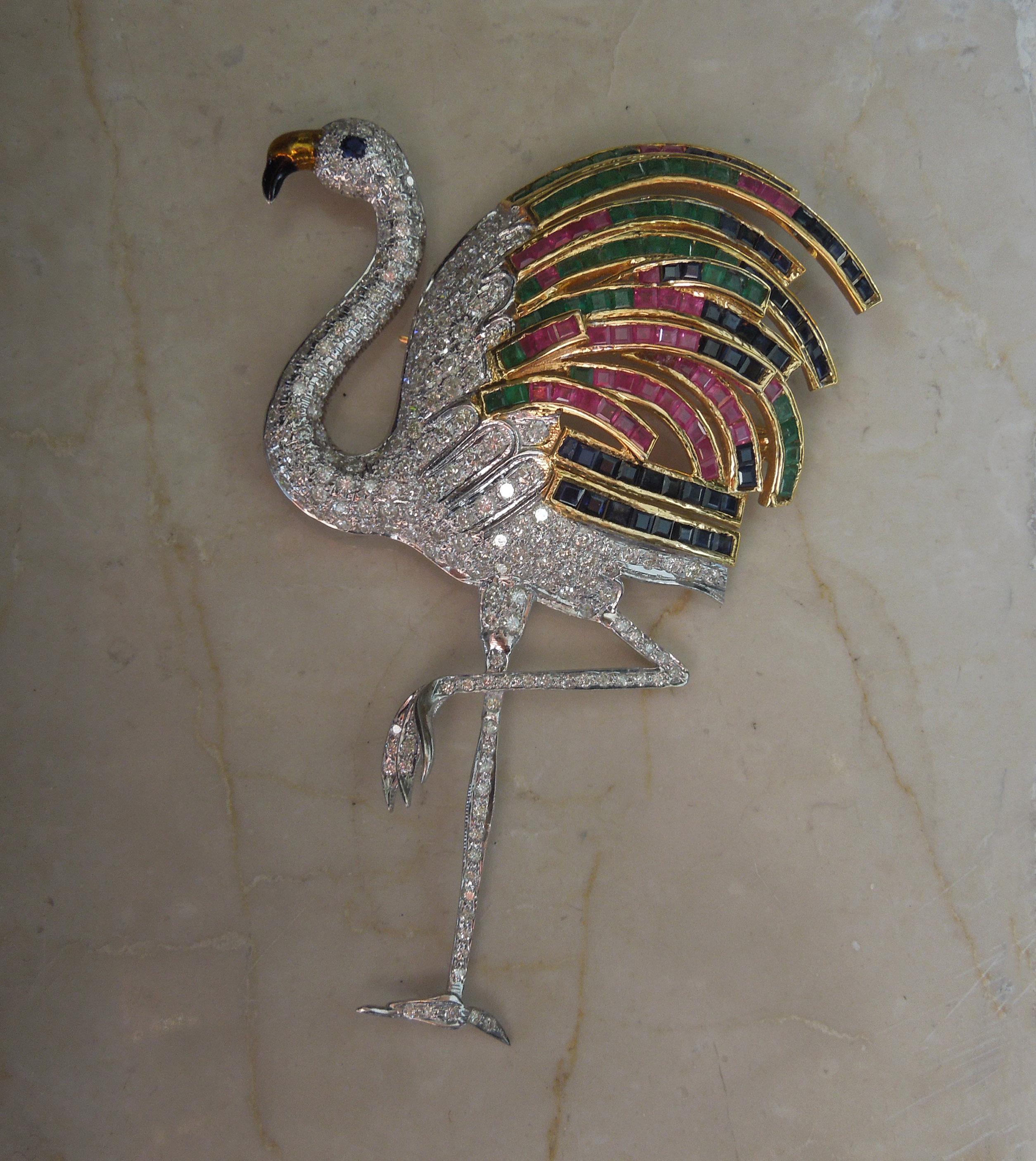 14 Karat Gold Jeweled Flamingo Brooch For Sale 4