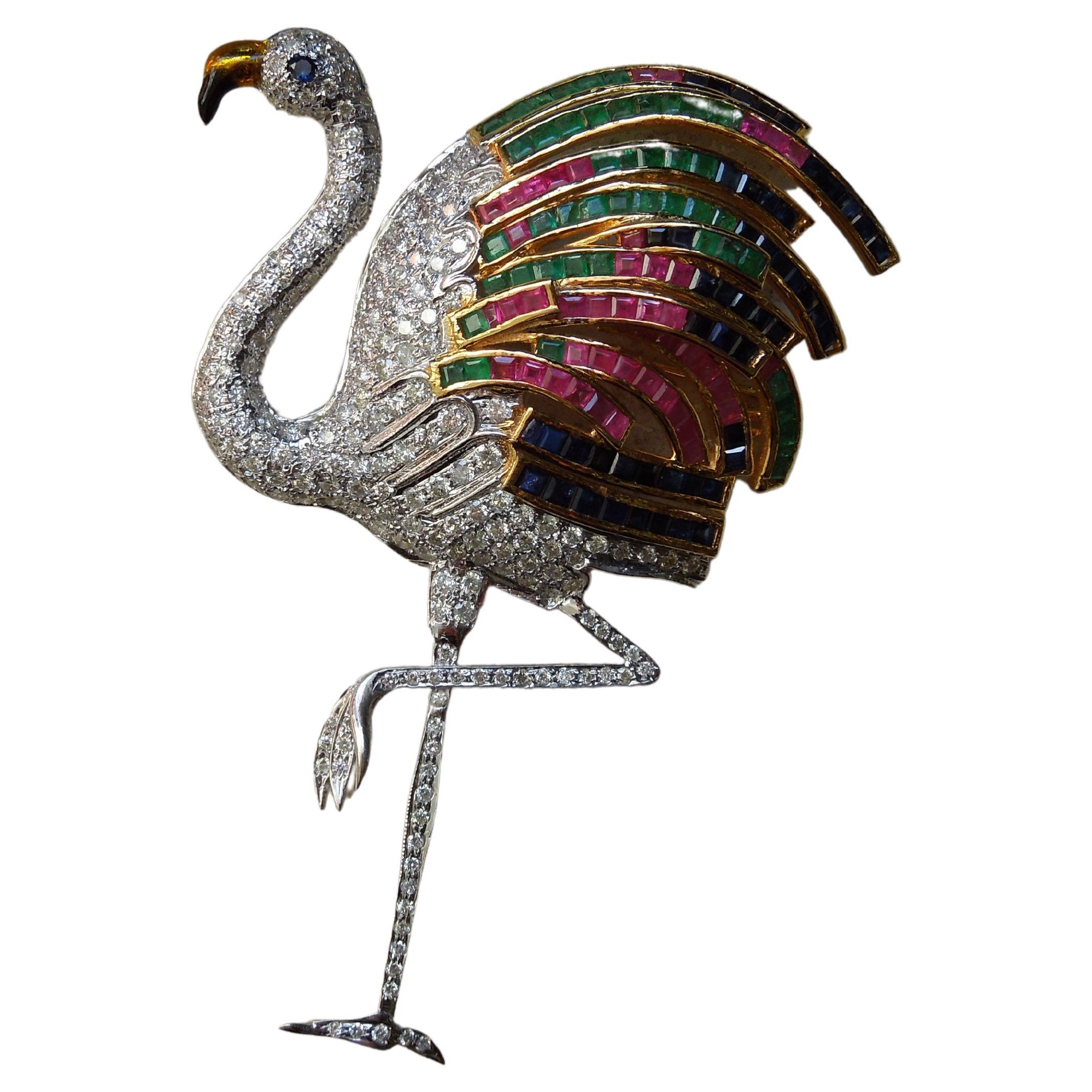 14 Karat Gold Jeweled Flamingo Brooch For Sale