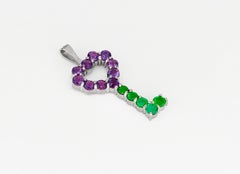 14 Karat Gold "Key" Pendant with Round Amethysts and Emeralds