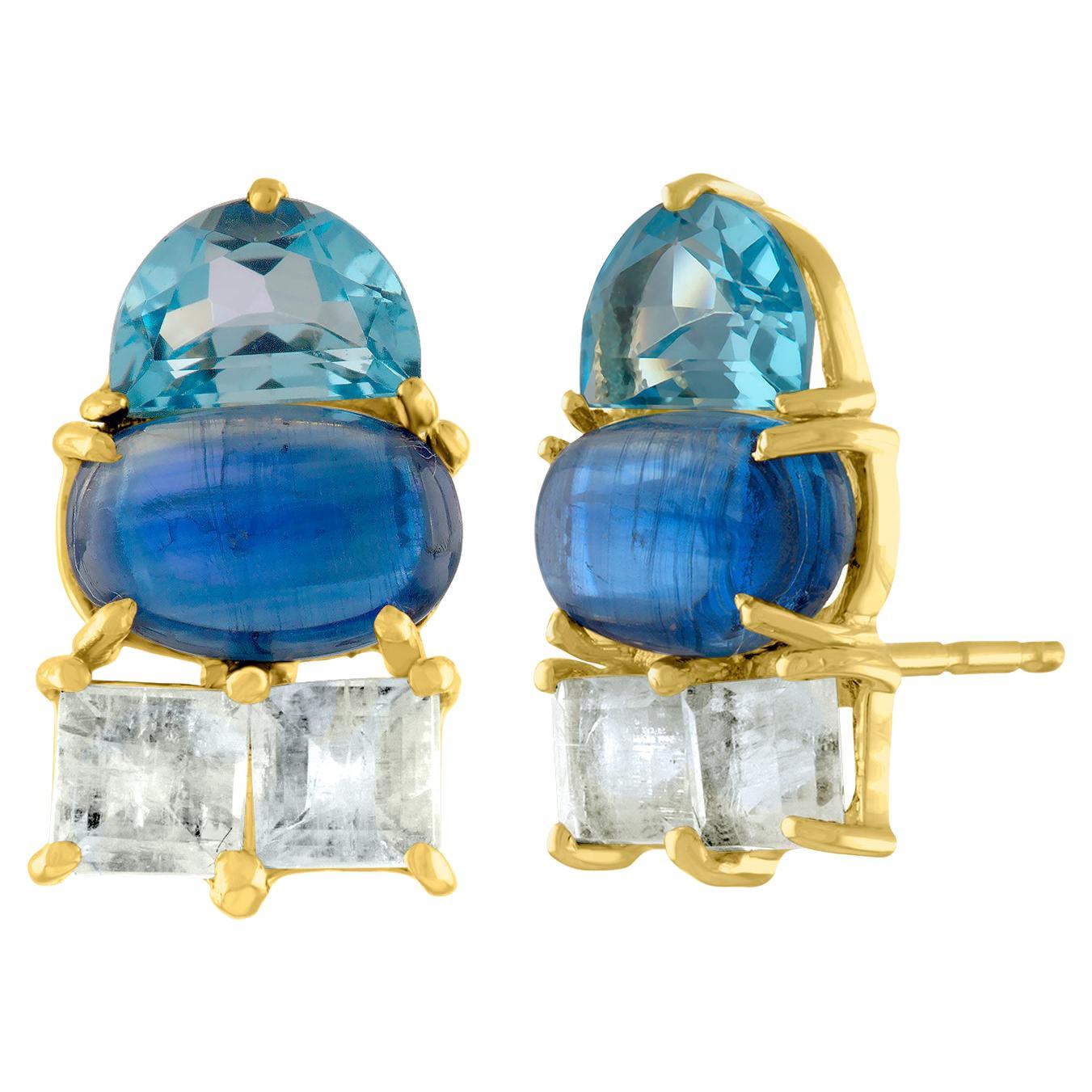 14 Karat Gold, Kyanite, Moonstone, Blue Topaz Multi Shape Stud Earrings For Sale