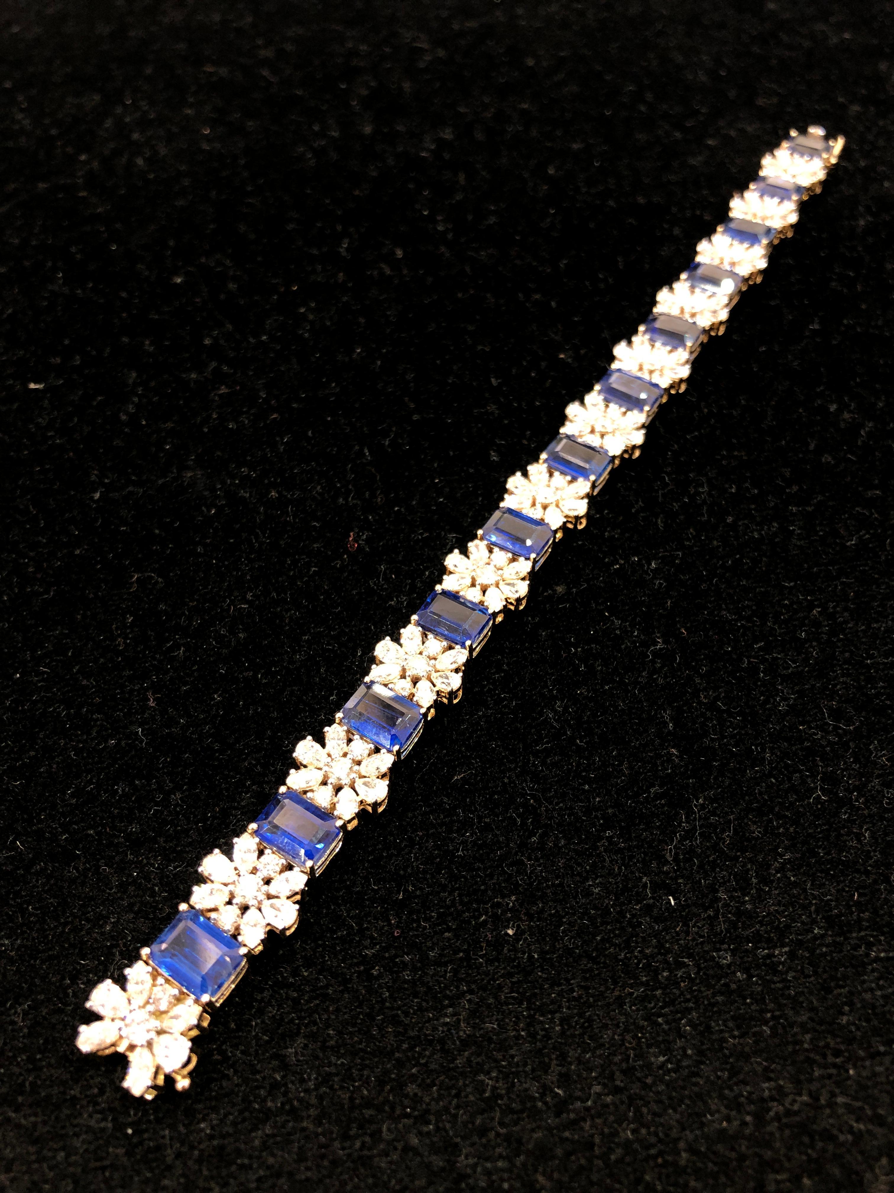 Diamond: 8.04 carats 
Kyanite: 22.20 carats 
Gold: 18.070 grams 14k 
Colour: HI
Clarity: VS-SI
Note this bracelet can be made in Rubies and Emeralds as well 