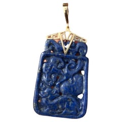 14 karat gold, lapis lazuli Chinese Lucky Fish Carved Pendant, Enhancer Bail