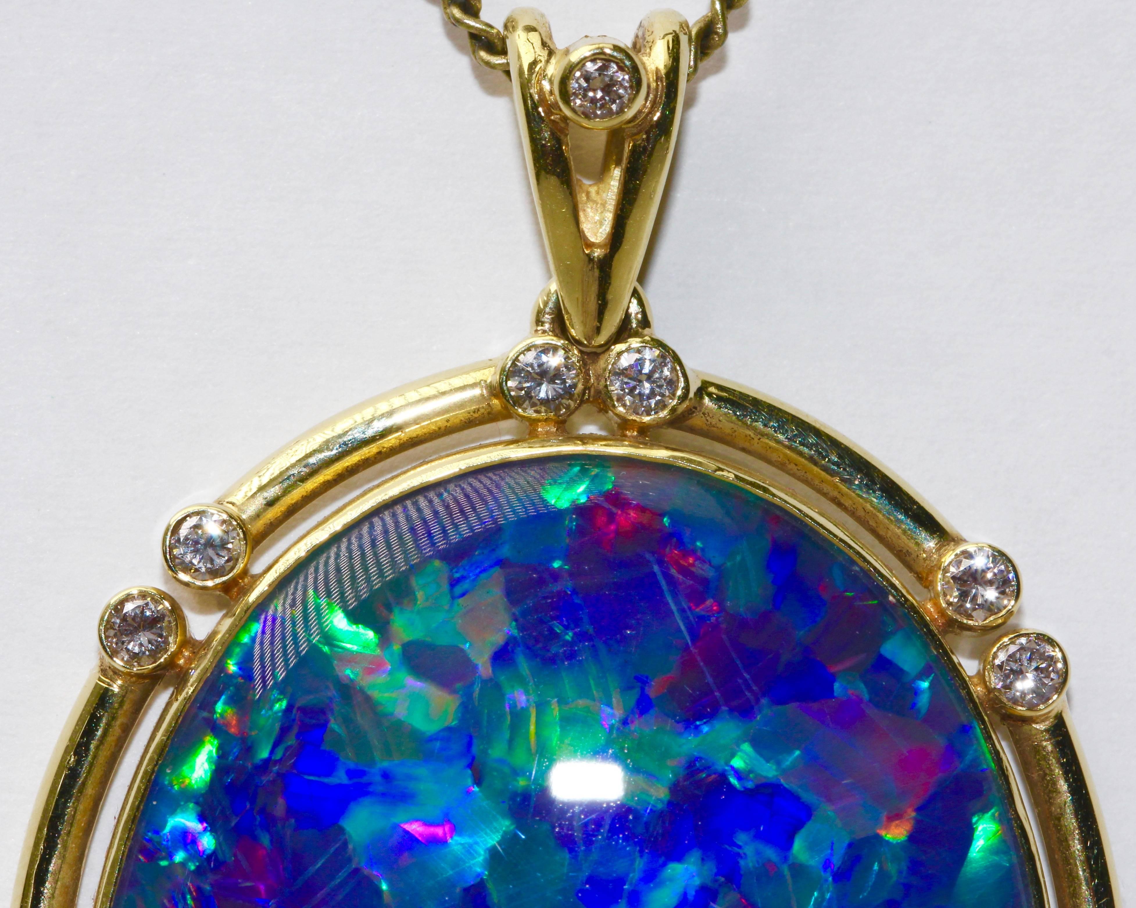 Round Cut 14 Karat Gold, Large Opal Pendant, Enhancer, Set with 17 Diamonds
