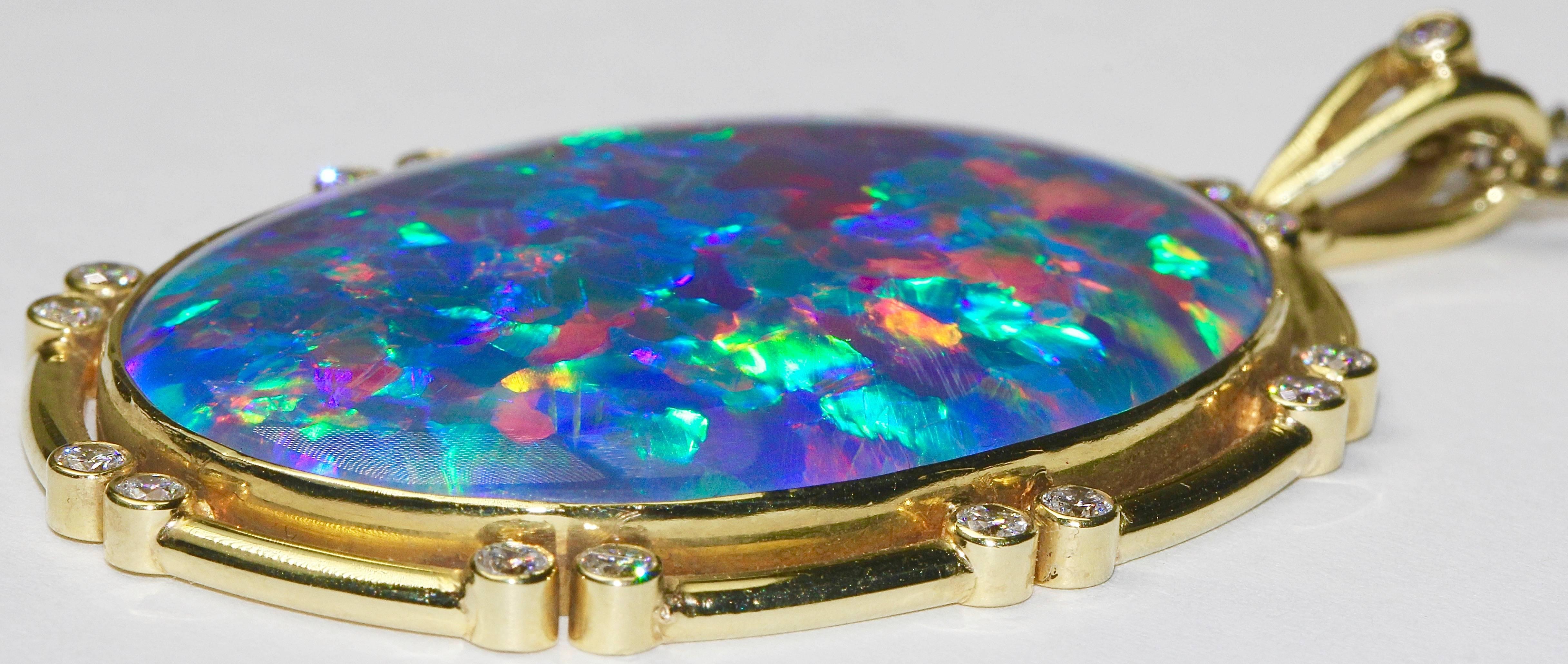 Women's or Men's 14 Karat Gold, Large Opal Pendant, Enhancer, Set with 17 Diamonds
