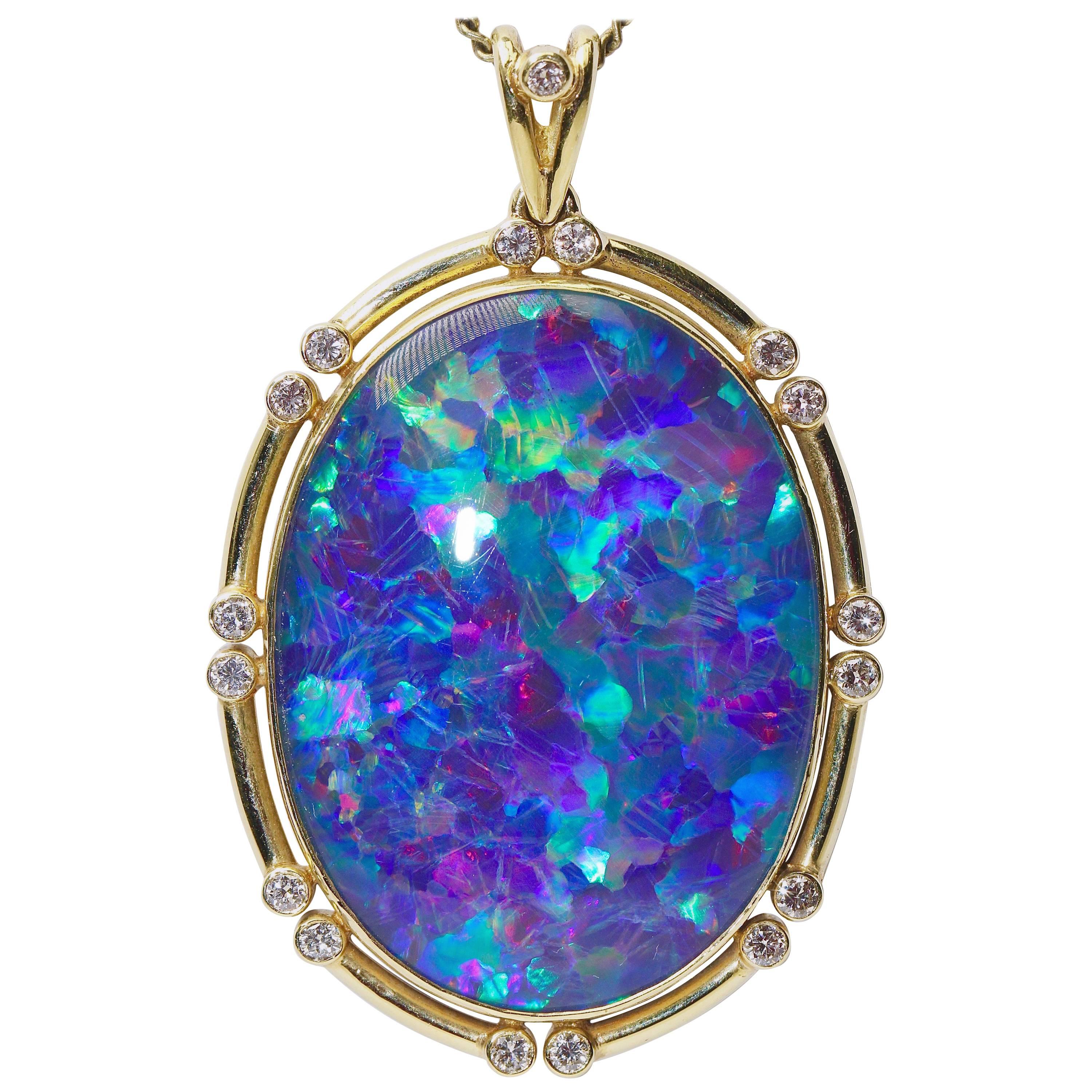 14 Karat Gold, Large Opal Pendant, Enhancer, Set with 17 Diamonds