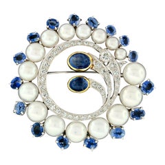 14 Karat Gold Large White Pearl 12.24 Carat Sapphire and Diamond Wreath Brooch
