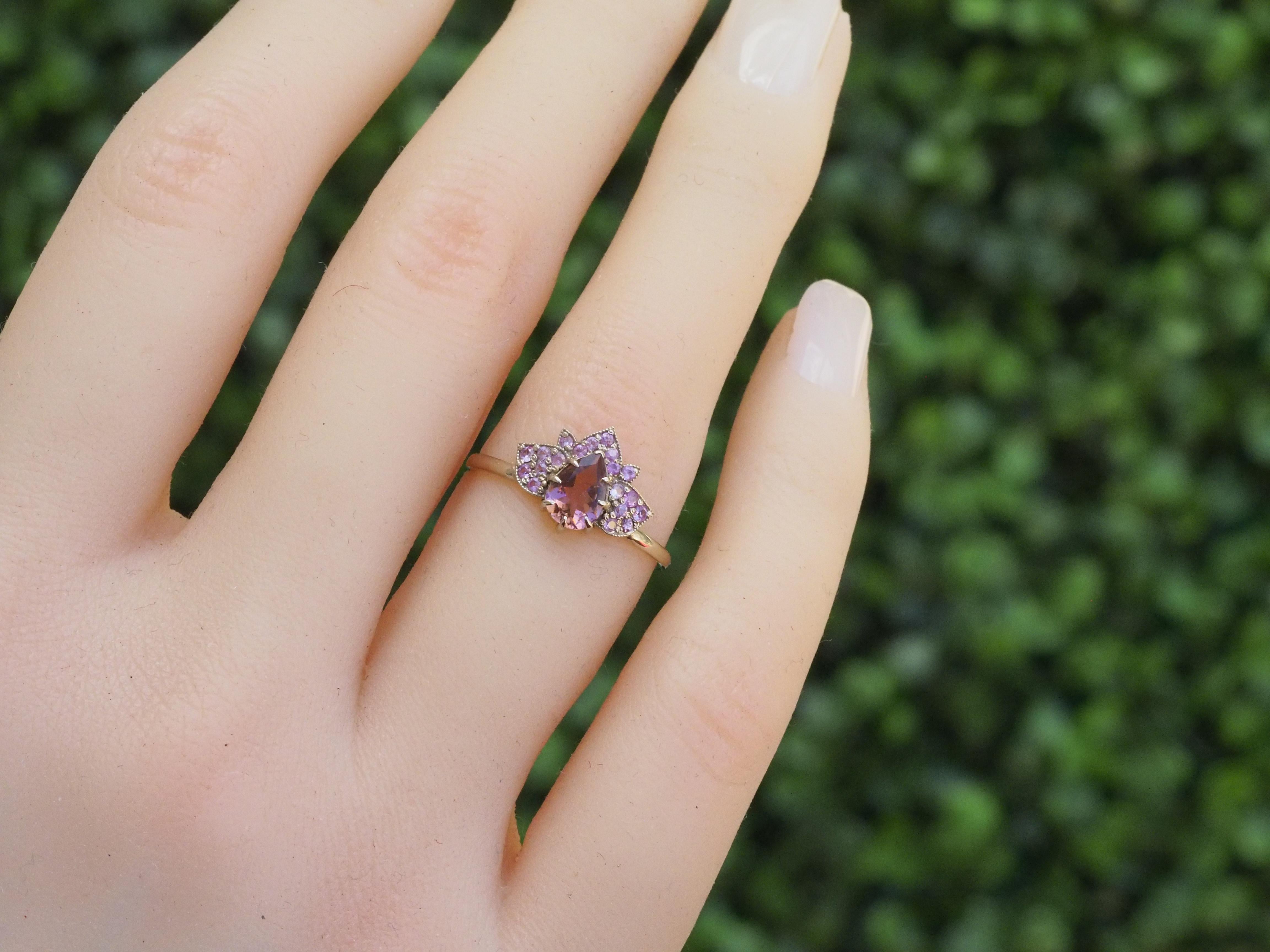 For Sale:  Lotus ring with pink tourmaline, sapphires in 14k gold 11