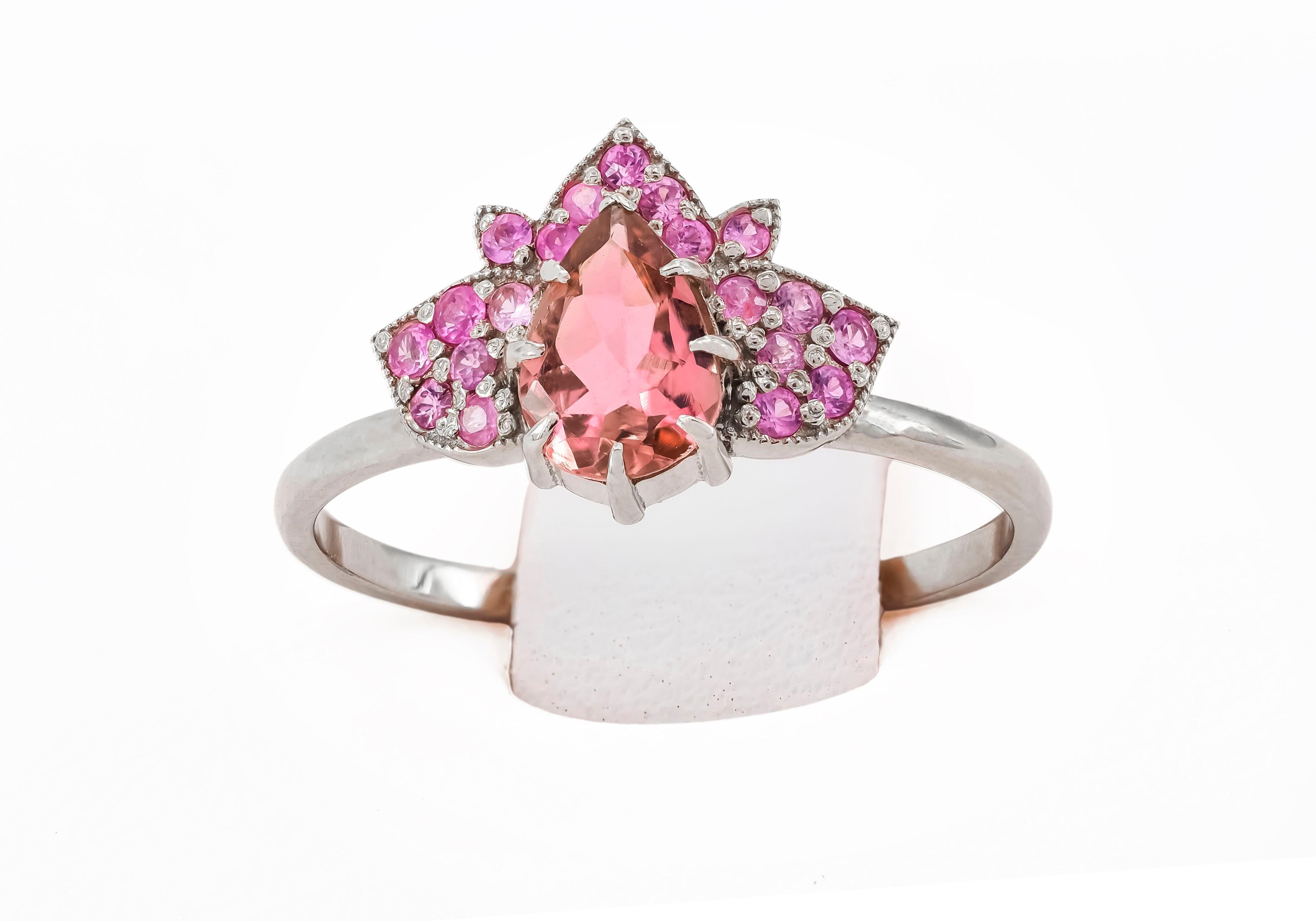 For Sale:  14 karat gold Lotus ring with pink tourmaline and sapphires 6