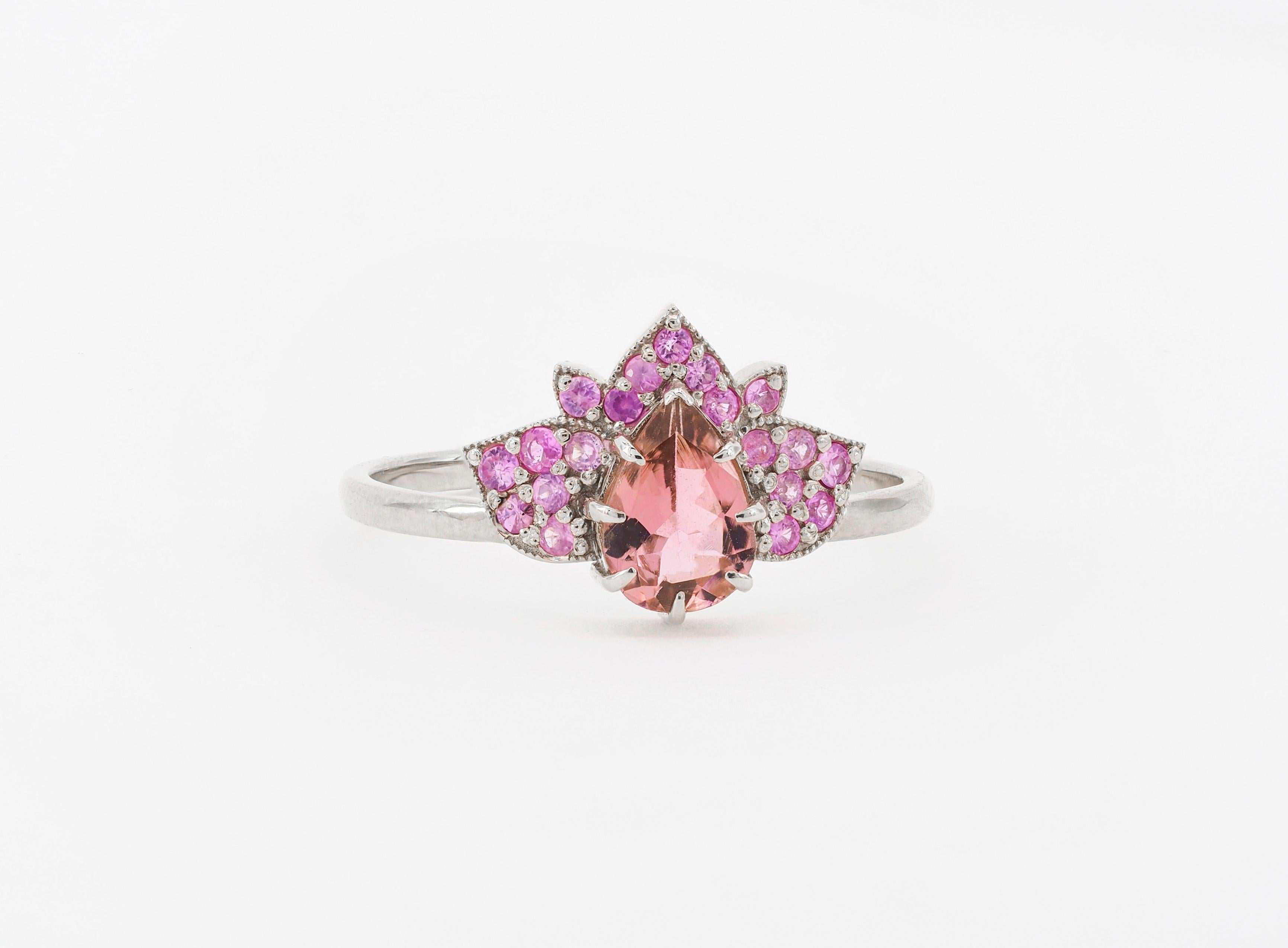 For Sale:  14 karat gold Lotus ring with pink tourmaline and sapphires 8