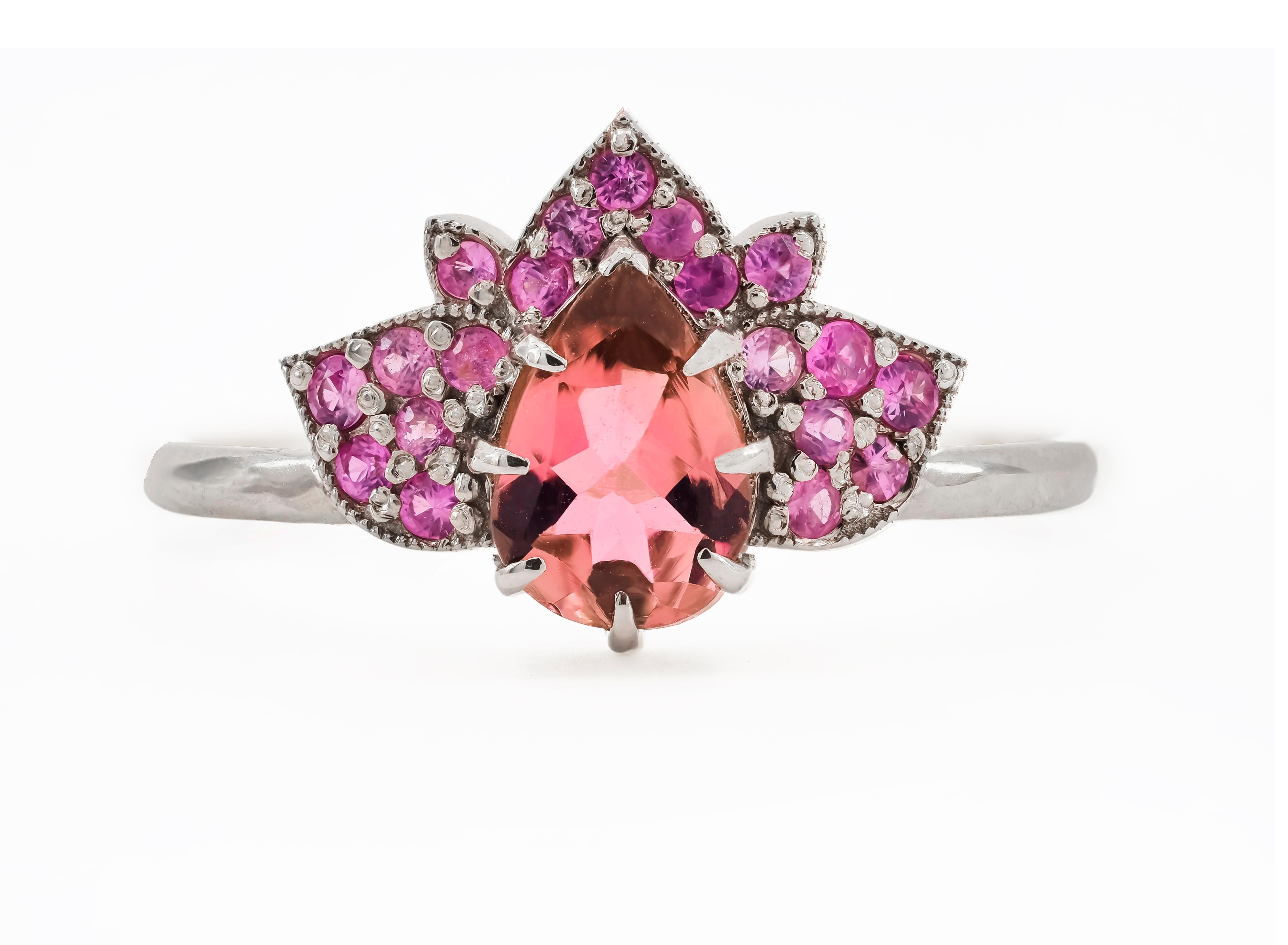 For Sale:  14 karat gold Lotus ring with pink tourmaline and sapphires 9