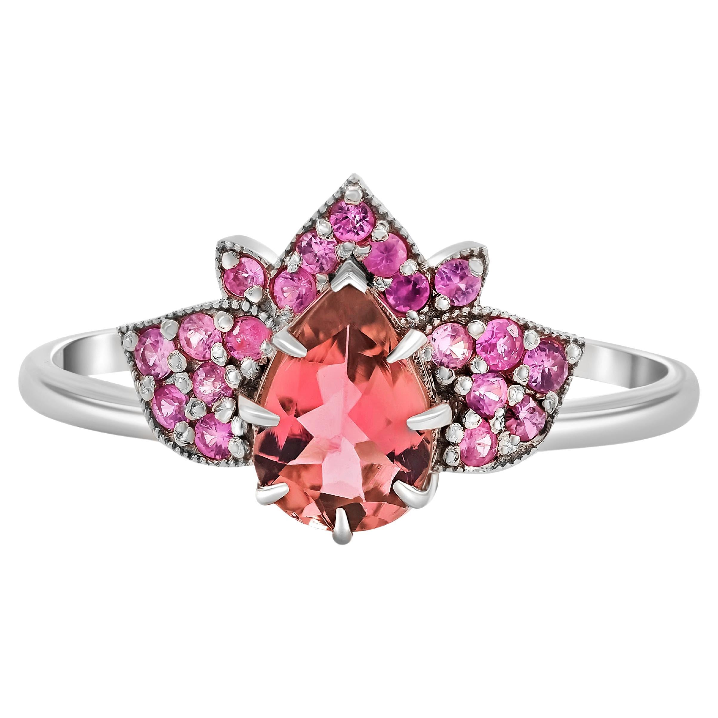 For Sale:  14 karat gold Lotus ring with pink tourmaline and sapphires